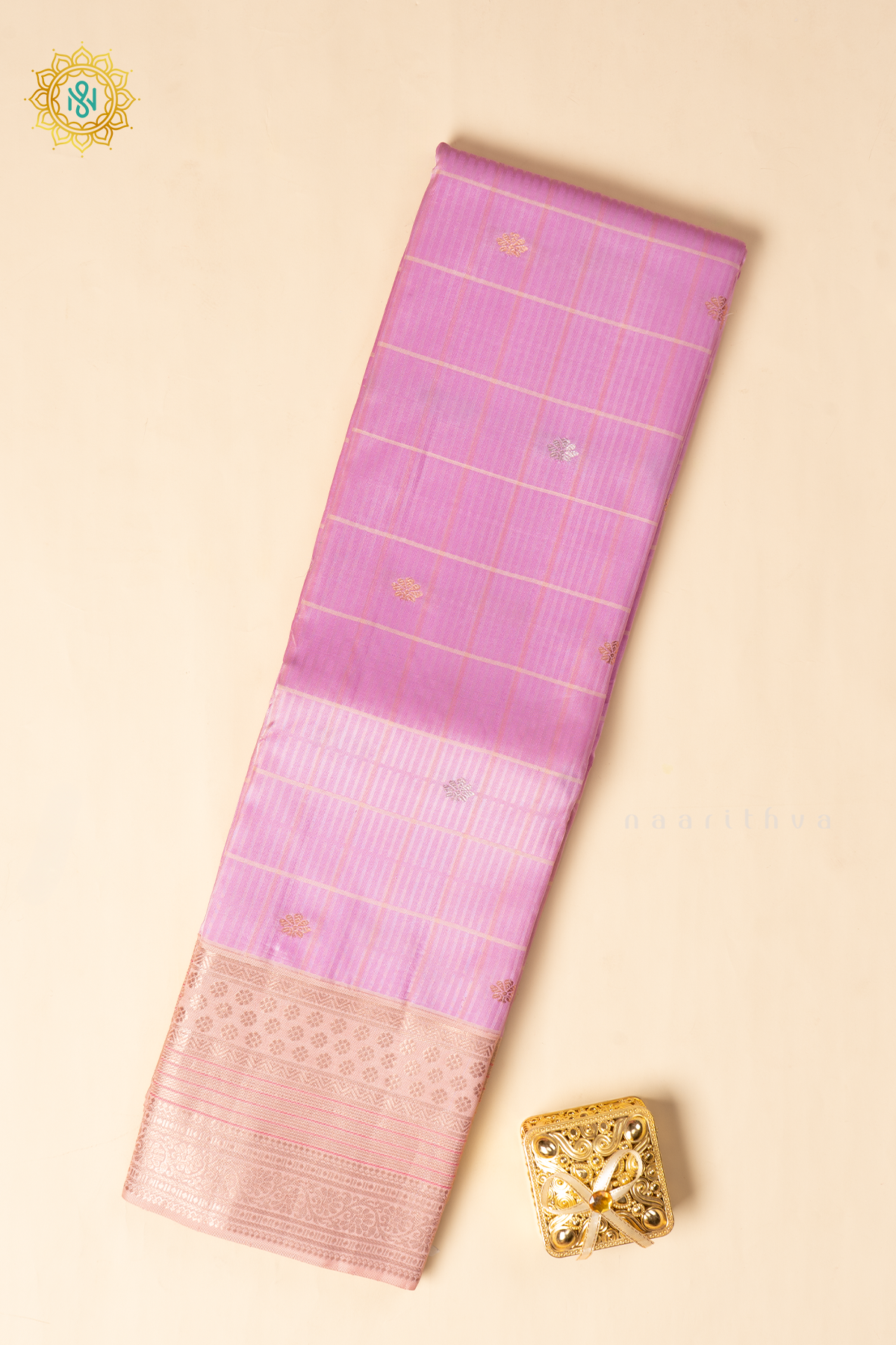 Lavender with Beige Pure Kanjivaram Silk Saree with Zari Woven Buttas,Stripes and Zari Border