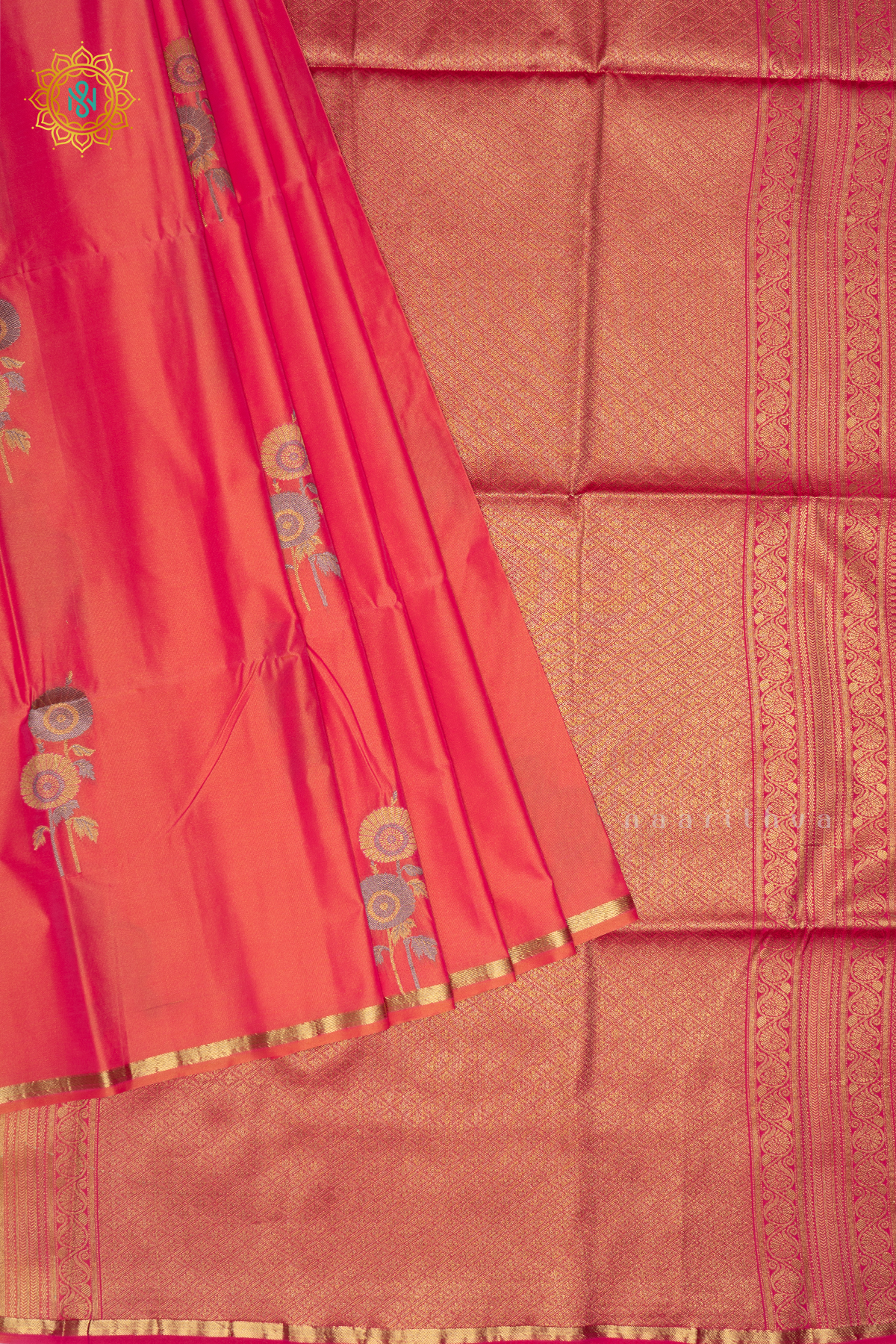 PEACHISH PINK WITH RANI PINK - SEMI  SOFT SILK SAREE ALLOVER ZARI BUTTAS AND CONTRAST GAP BORDER