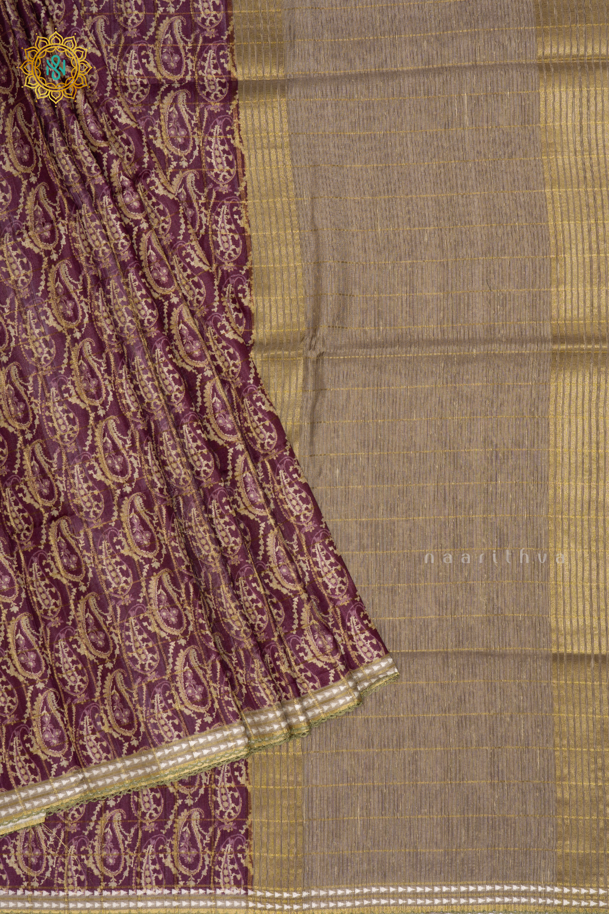 Purple With Beige Semi Tussar Silk Saree Allover Printed And Zari Striped Body With Thread Woven Tissue Border