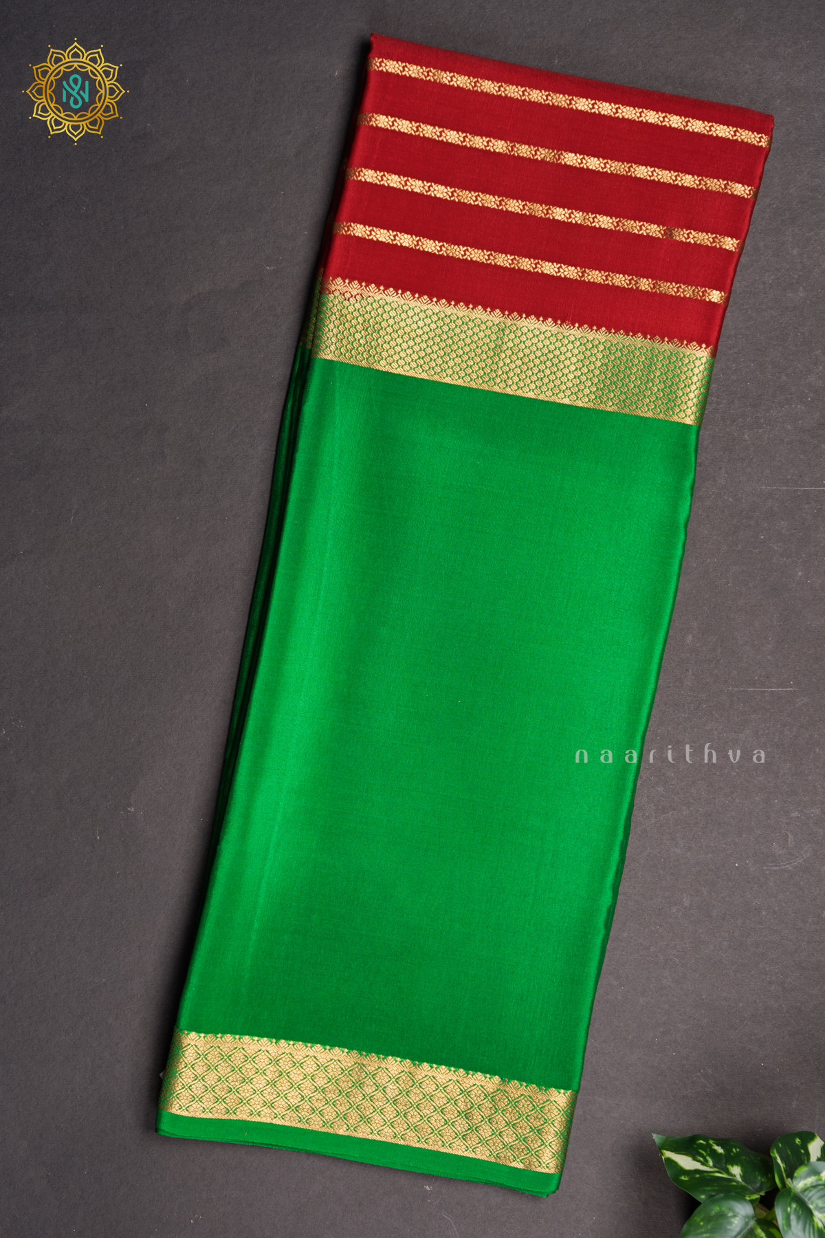 RED WITH GREEN - PURE MYSORE CREPE SILK