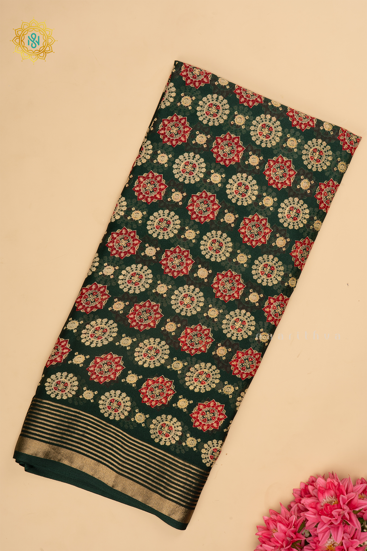 BOTTLE GREEN - SEMI GEORGETTE PRINTED BODY WITH ZARI STRIPED BORDER