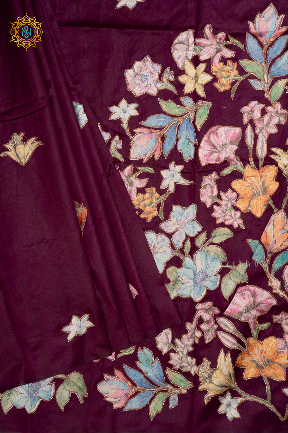Wine Semi Tussar Silk Saree With Applique Work And Dual Blouse