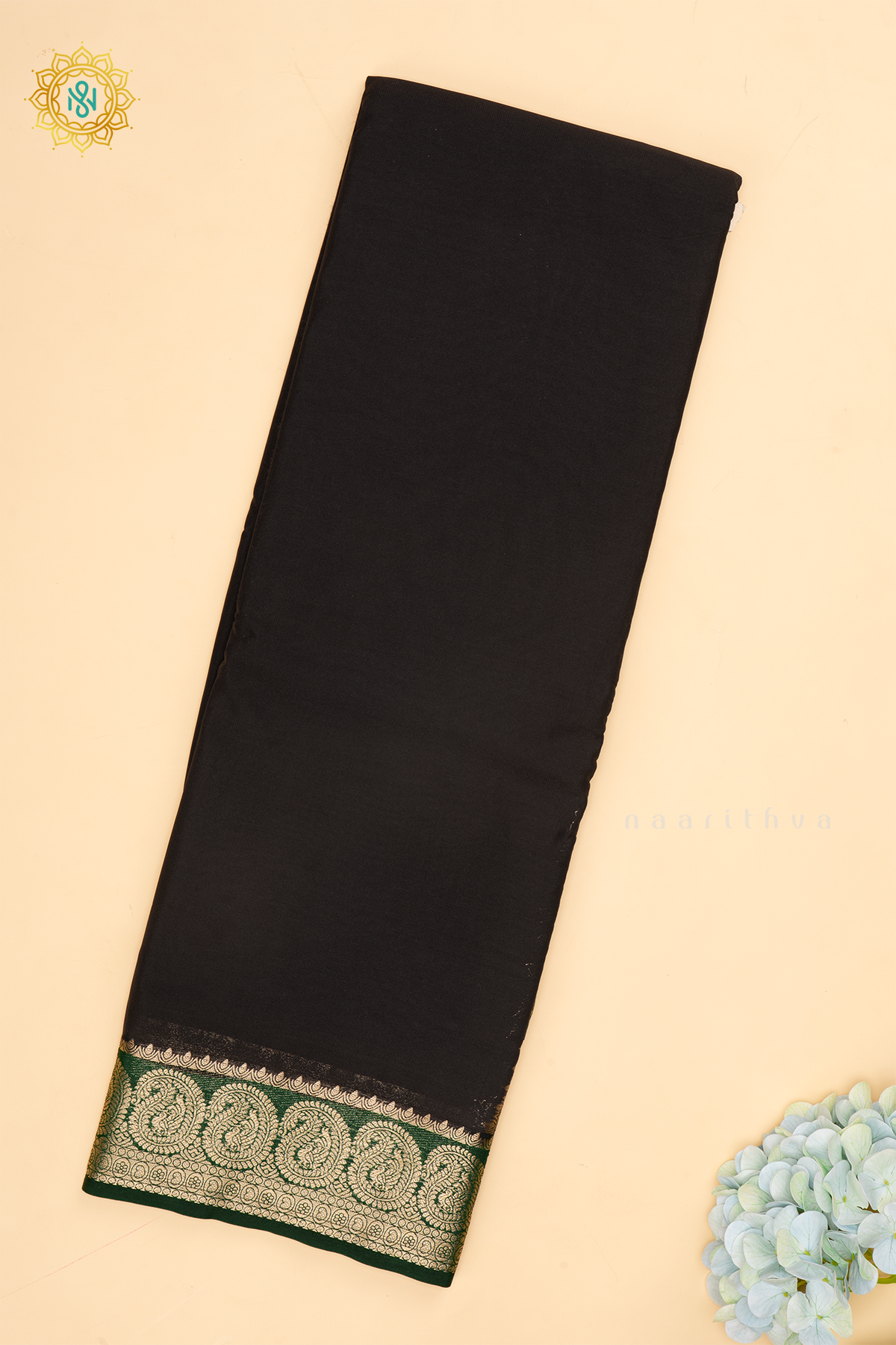 Black With Bottle Green Semi Mysore Crepe Saree With Plain Body And Contrast Mango Zari Border