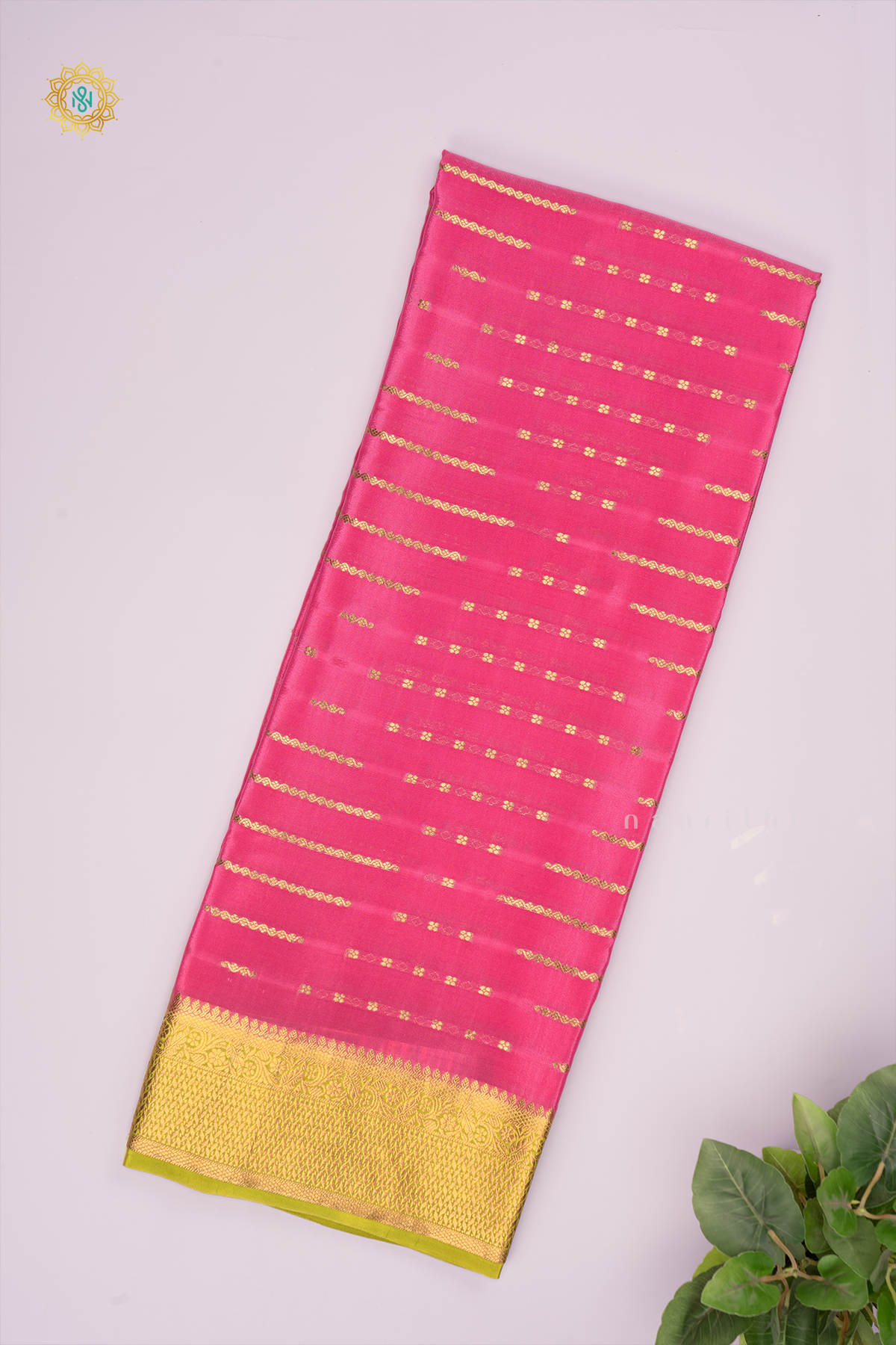 PINK WITH OLIVE GREEN - PURE MYSORE CREPE SILK