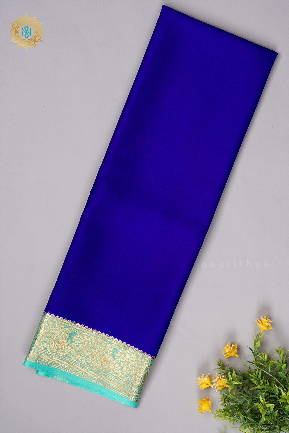 ROYAL BLUE WITH AQUA GREEN - PURE MYSORE CREPE SILK