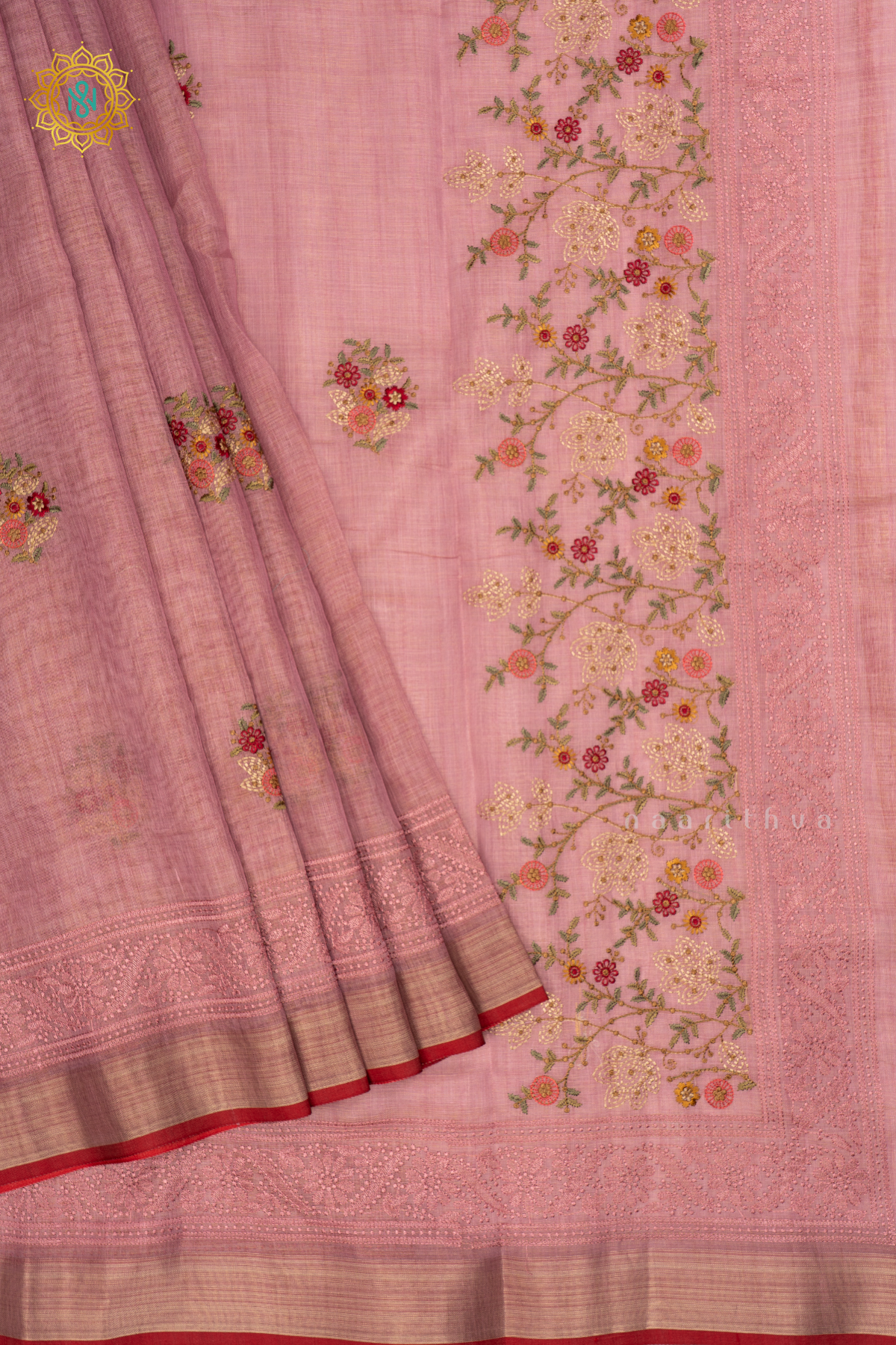 Light Pink - Linen Tissue Saree Allover Thread Work Buttas with Tissue Border