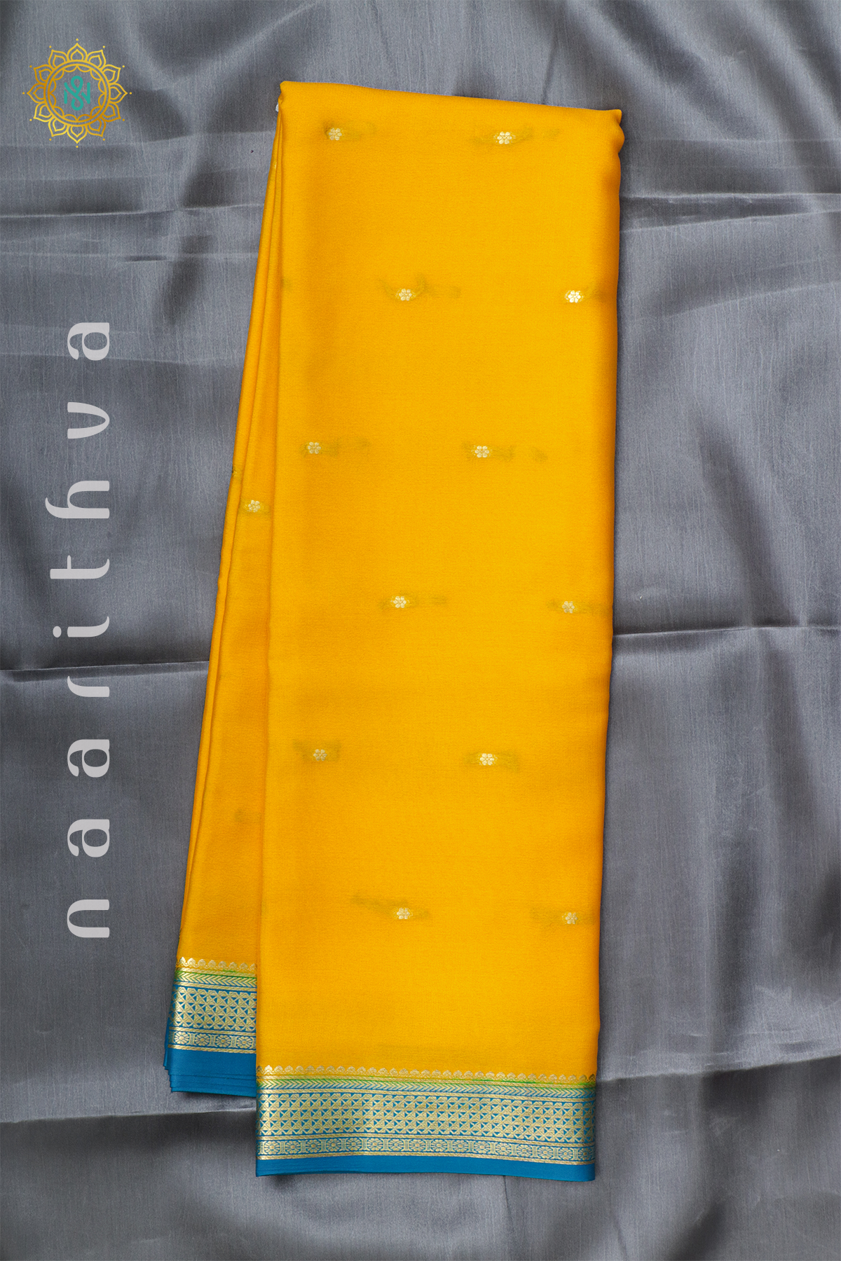 YELLOW WITH SKY BLUE - PURE MYSORE CREPE SILK