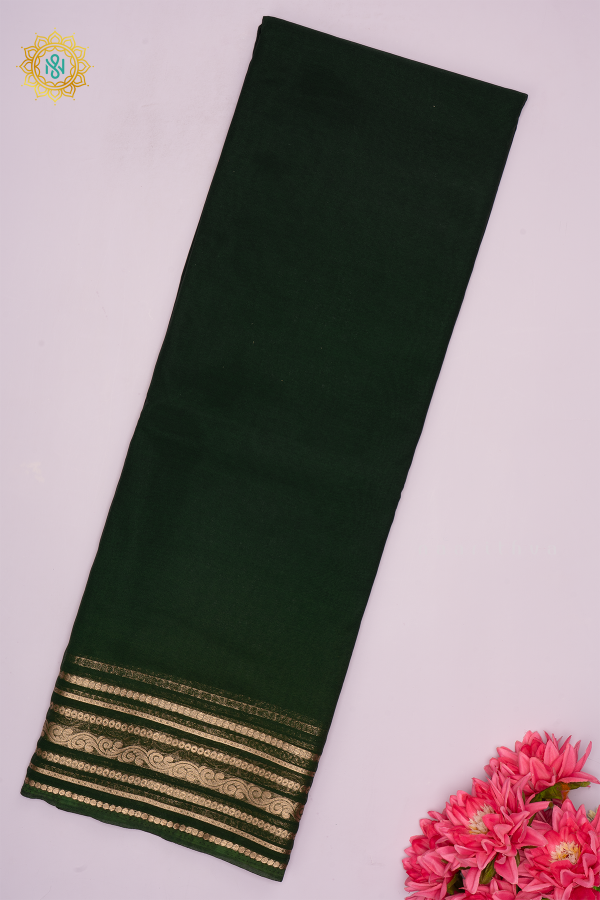 Bottle Green Semi Chiffon Georgette Saree With Plain Body And Zari Border