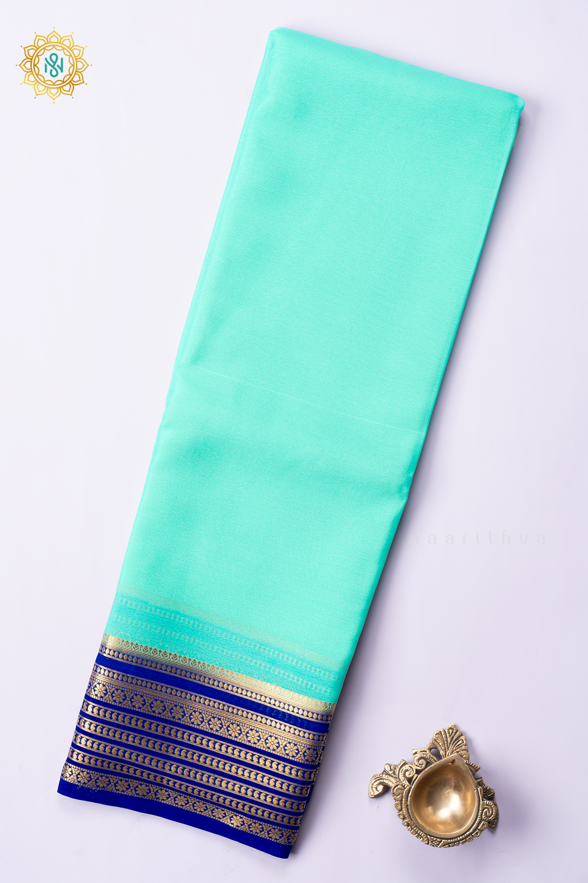 AQUA GREEN WITH ROYAL BLUE - PURE MYSORE CREPE SILK