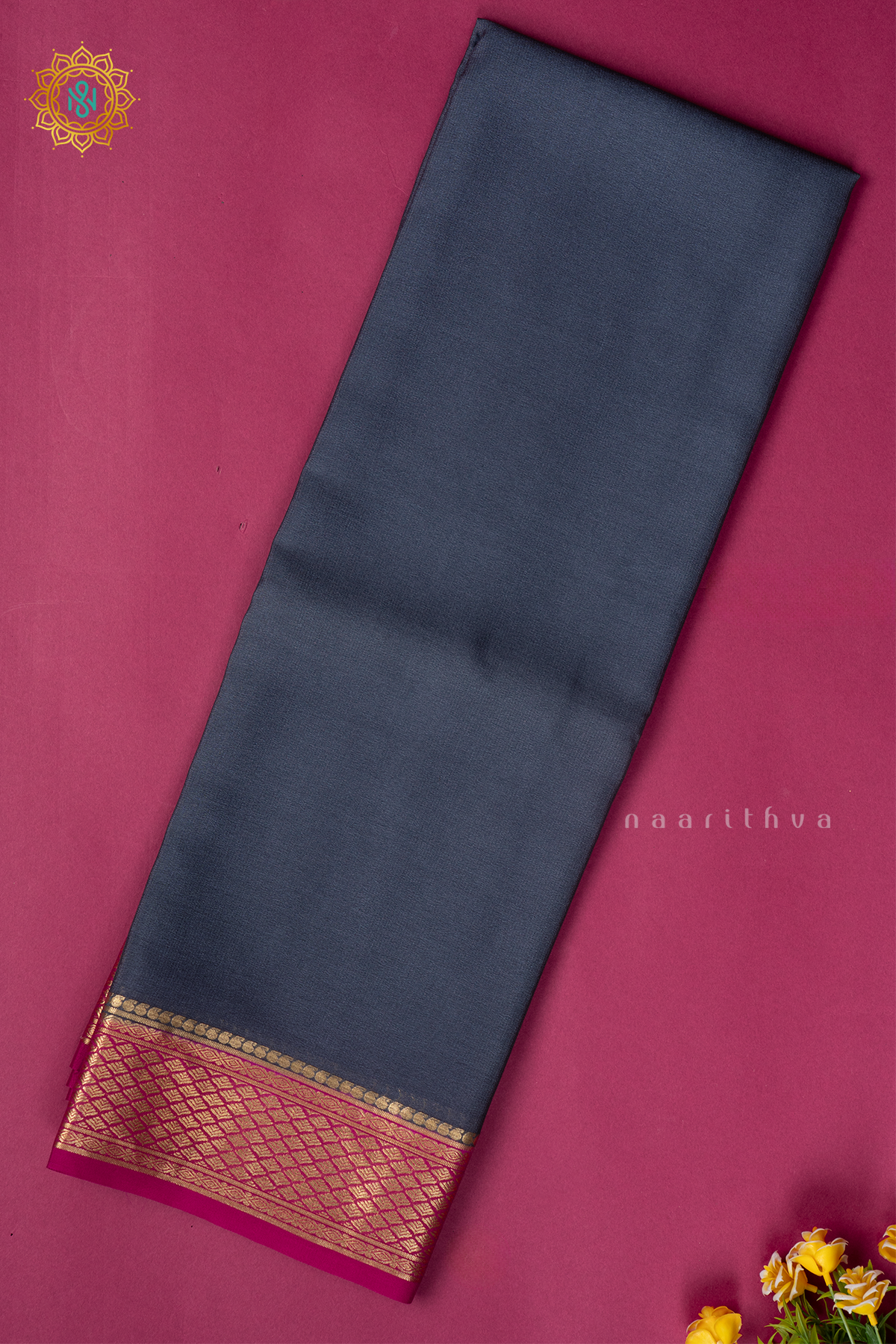 ELEPHANT GREY WITH PINK - PURE MYSORE CREPE SILK