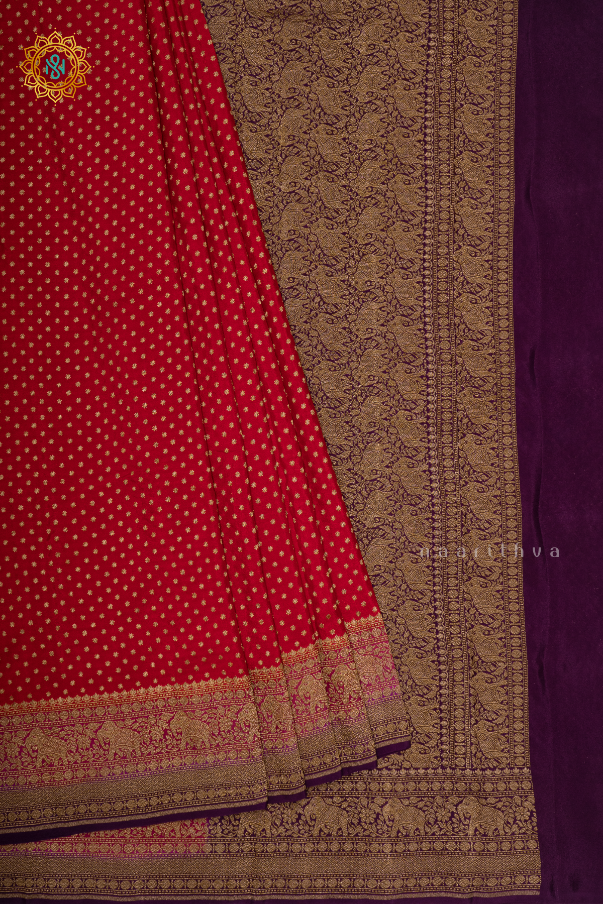 RED WITH PINK & DEEP WINE - PURE BANARASI CREPE SILK