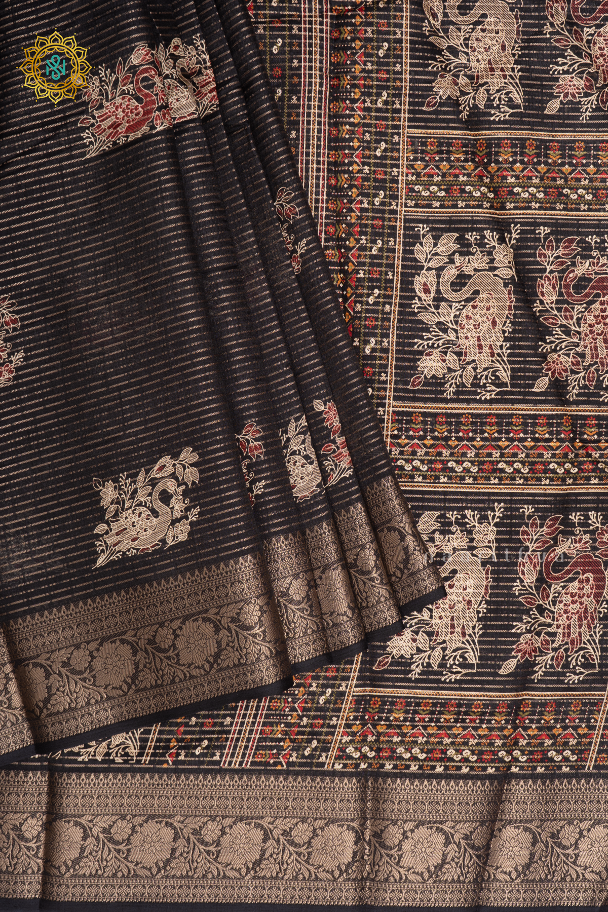 BLACK - DOLA SILK SAREE ALLOVER PRINTED BUTTAS AND ZARI STRIPES WITH ZARI BORDER