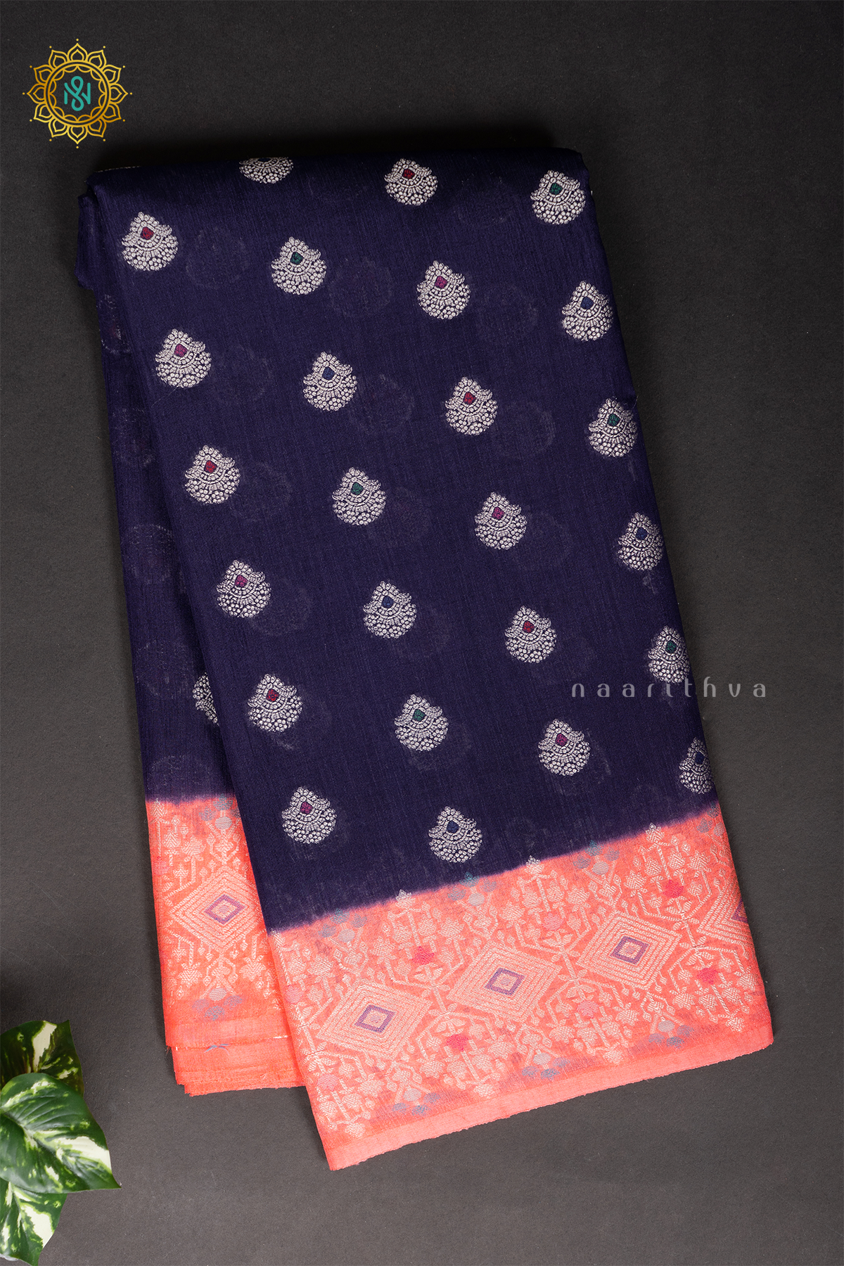 NAVY BLUE WITH PEACHISH ORANGE - JUTE COTTON