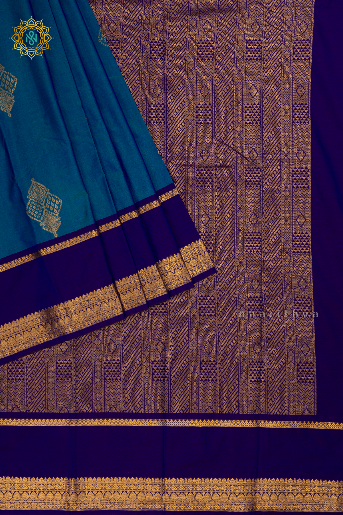 Dual shade of Peacock Blue with Navy Blue Semi Kanchi Saree With Zari Buttas All Over And Contrast Zari Gap Border