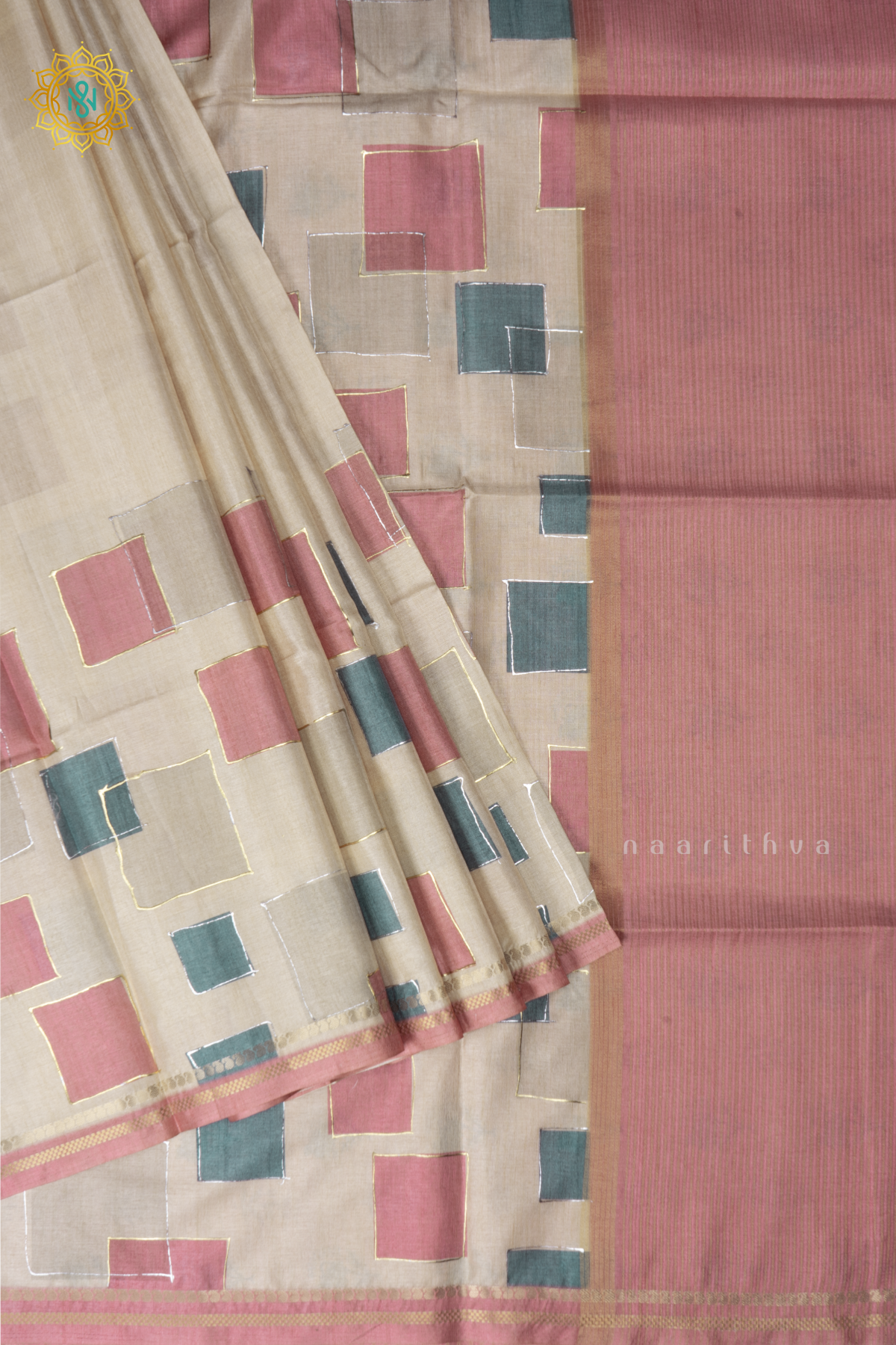 Off White With Dark Peach Semi Tussar Silk Saree With Allover Geometrical Prints On The Body With Contrast Pallu