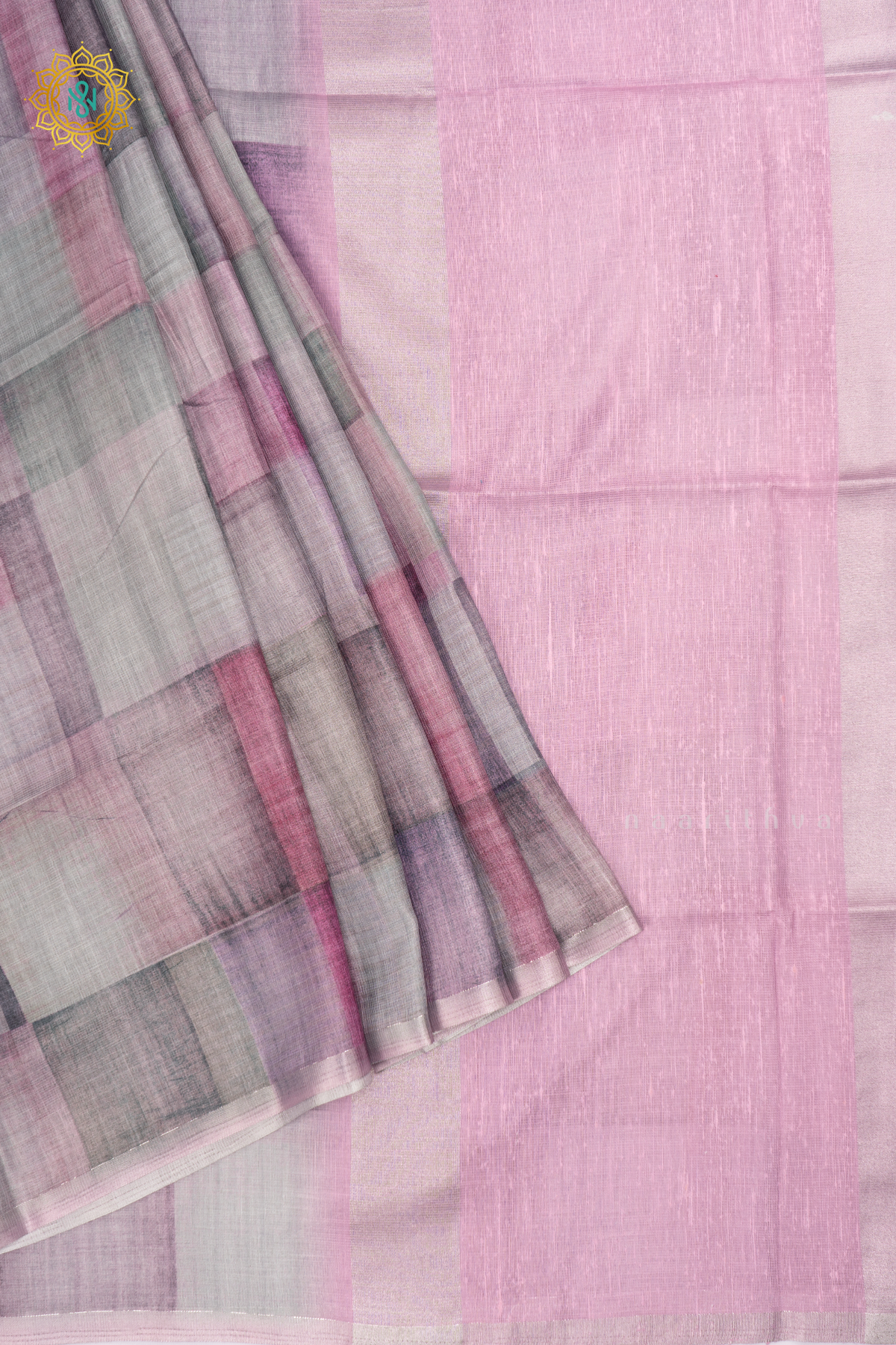 Light Pink Kota Tissue Saree With Printed Body And Zari Border