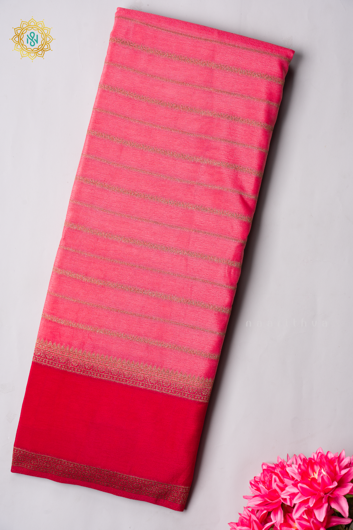 PEACHISH PINK WITH RANI PINK - SEMI CREPE GEORGETTE