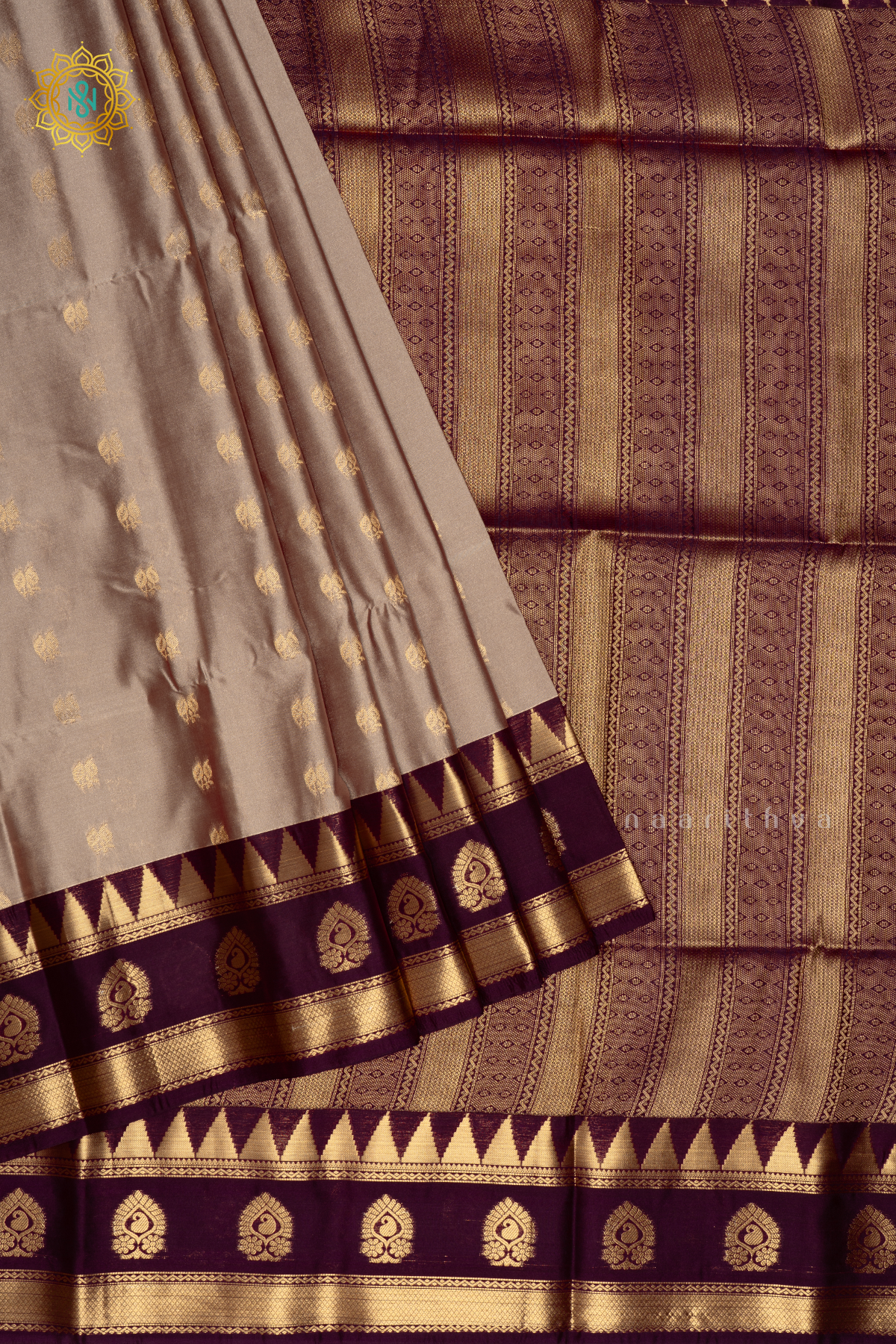 LIGHT GREY WITH DEEP WINE - SEMI SOFT SILK SAREE ALLOVER ZARI BUTTAS AND CONTRAST TEMPLE RISING GAP BORDER