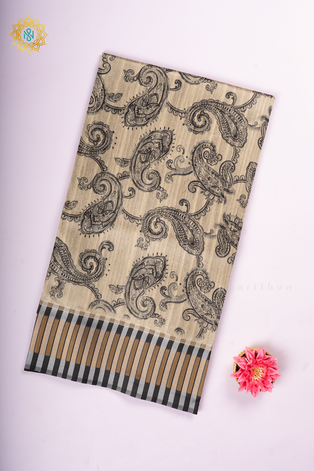 Beige With Black Semi Tussar Silk With Printed Body With Zari Border & Pallu