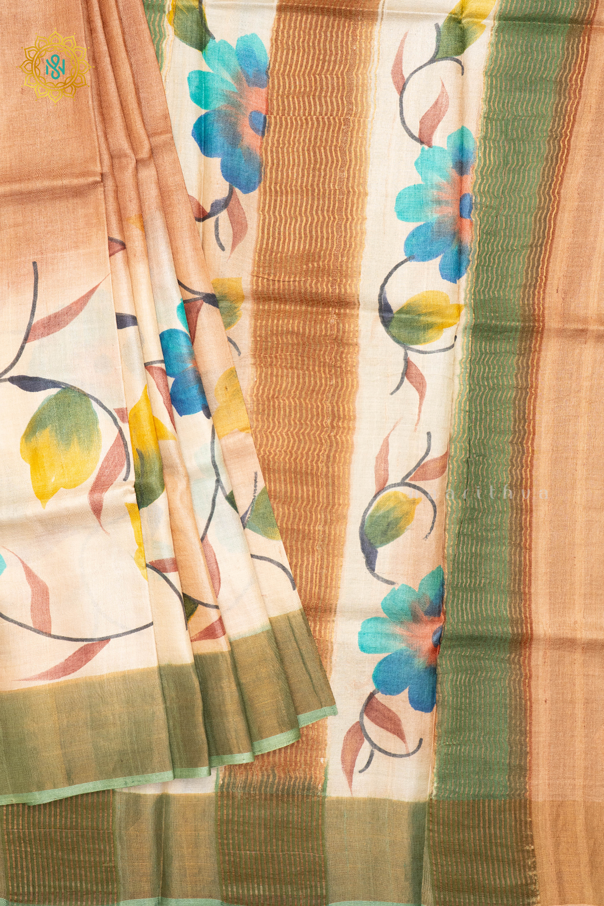 LIGHT BROWN WITH SAGE GREEN - PURE TUSSAR SILK WITH HAND PAINTED