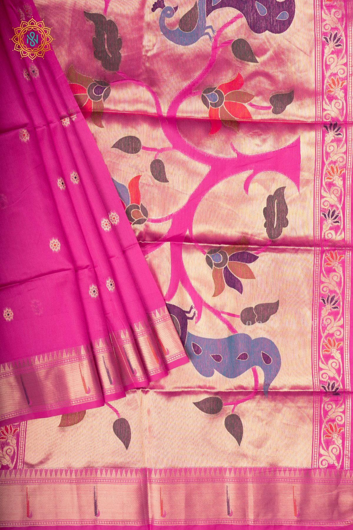 Pink Semi Tussar Silk Saree Zari Buttas On The Body With Paithani Border & Pallu