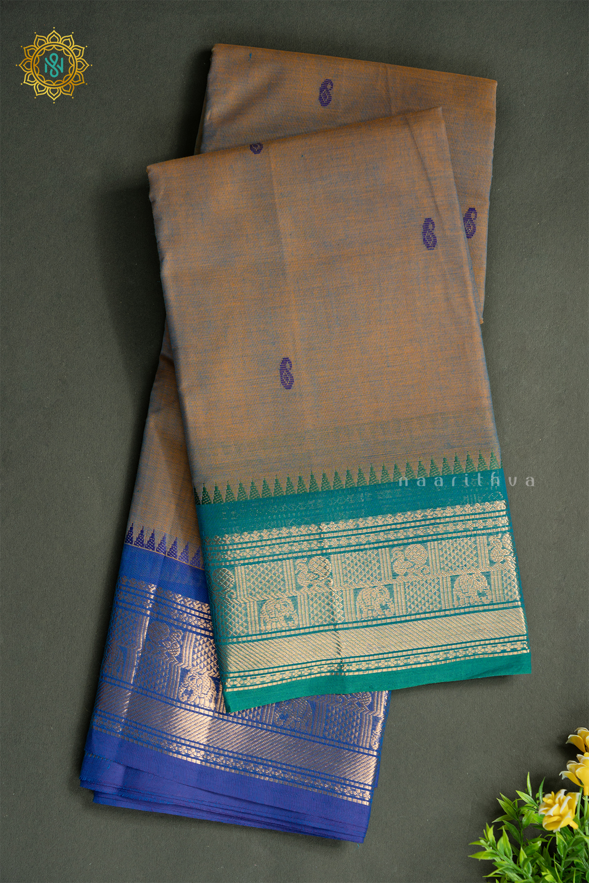 DUAL SHADE OF GREY WITH CYAN GREEN & BLUE - CHETTINAD COTTON