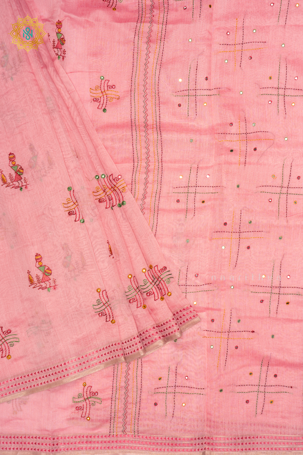 LIGHT PINK - CHANDERI  COTTON SAREE WITH EMBROIDERY BUTTAS,  PALLU AND  THREAD WOVEN BORDER