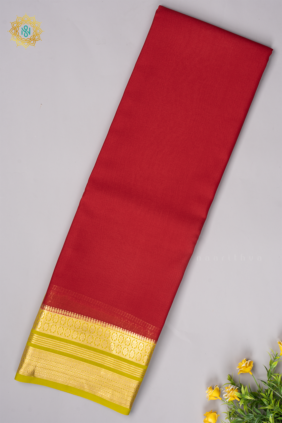RED WITH PARROT GREEN - PURE MYSORE CREPE SILK