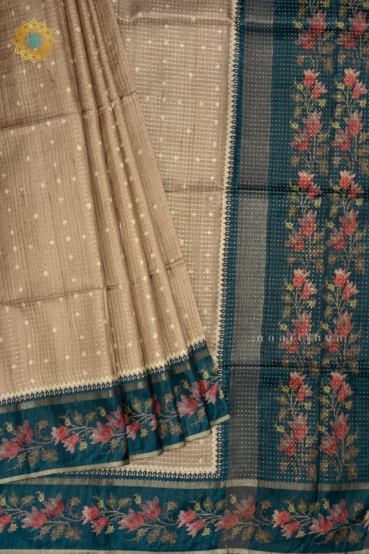 BEIGE WITH PEACOCK BLUE - SEMI TUSSAR SILK