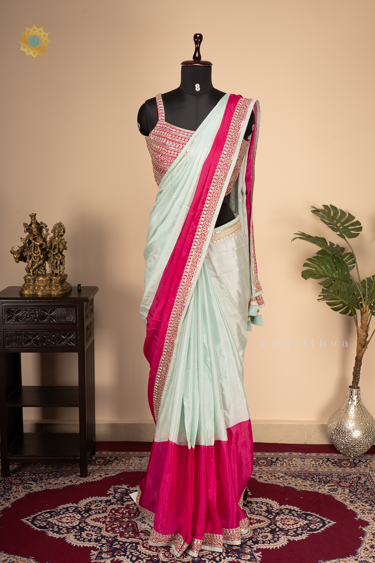 AQUA BLUE  WITH PINK - CHINNON DESIGNER WEAR WITH READYMADE BLOUSE