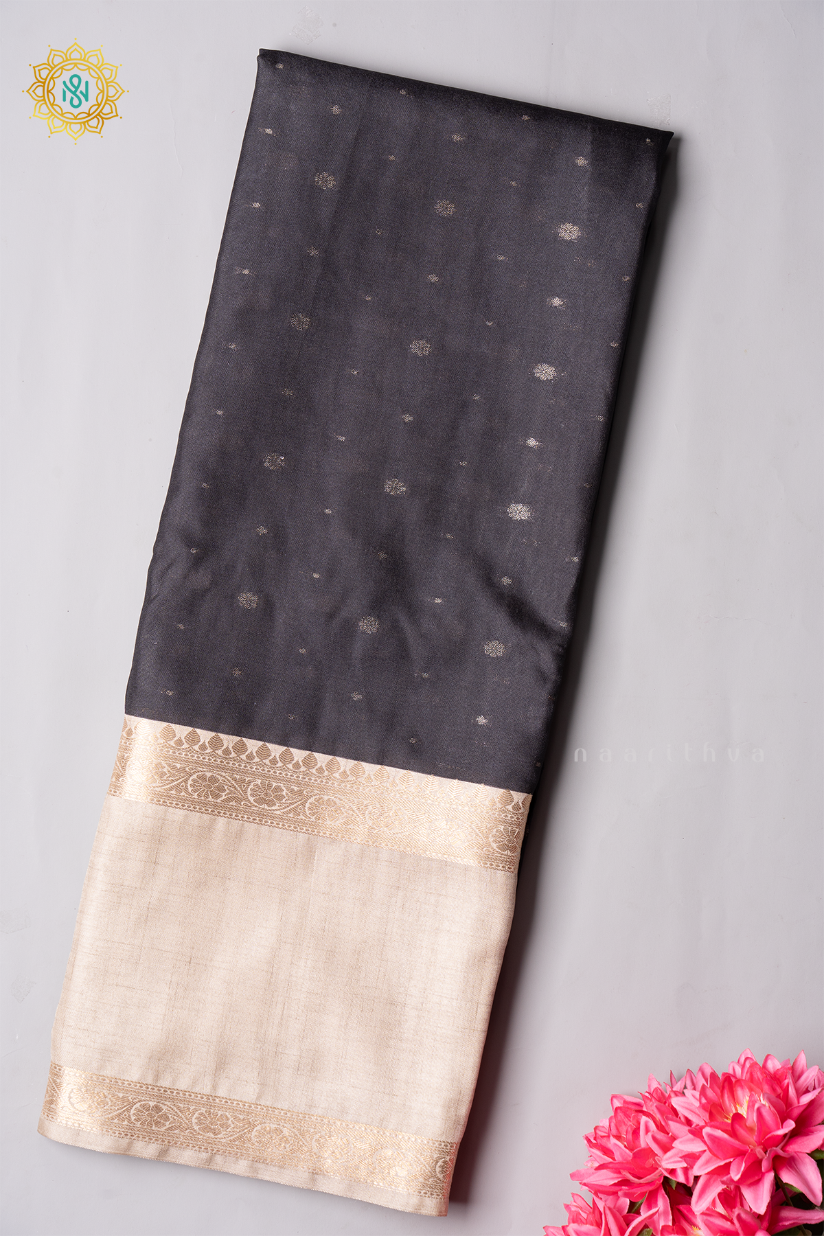 BLACK WITH BEIGE - SEMI TUSSAR SILK