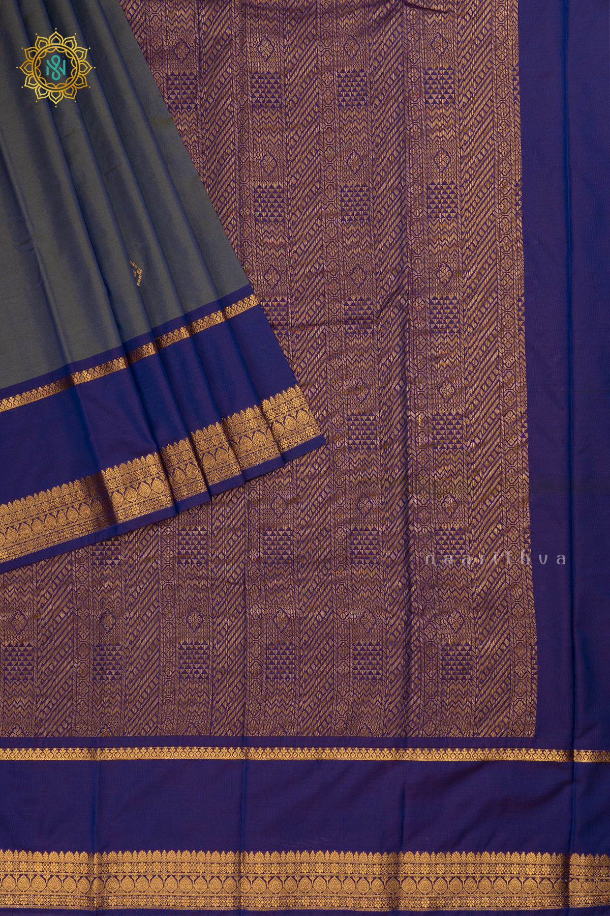 Dual shade of Grey with Blue Semi Kanchi Saree With Zari Buttas All Over And Contrast Zari Gap Border