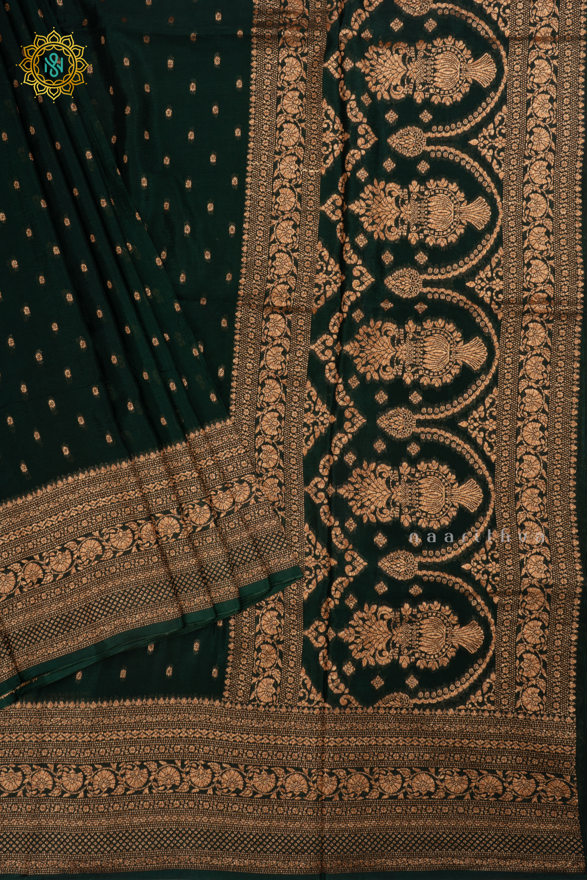 Botttle Green Semi Banarasi Crepe Silk Saree with All-Over Zari Buttas and a Zari Border