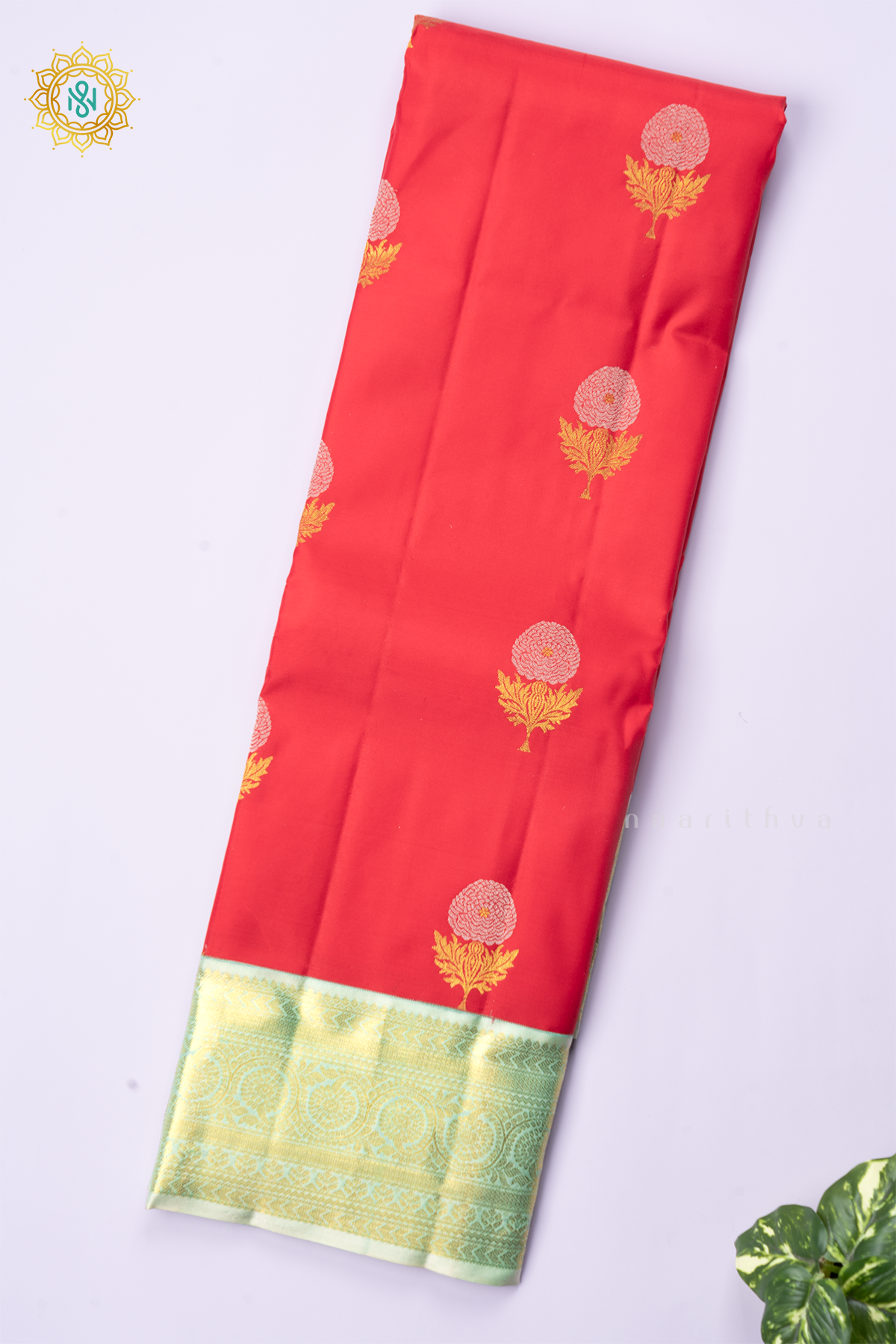 RED WITH AQUA GREEN - PURE KANJIVARAM SILK