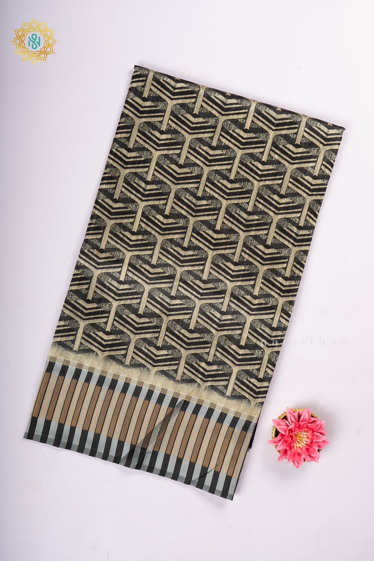 Black Semi Tussar Silk With Printed Body With Zari Border & Pallu