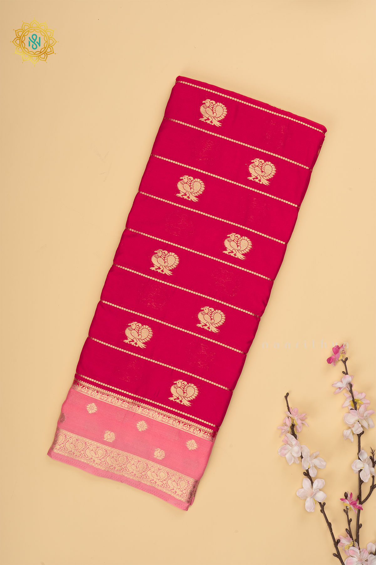 Rani Pink with Light Pink Semi Mysore Crepe Silk Saree with All-Over Zari Stripes and Zari Buttas on the Body and a Contrast Zari Border