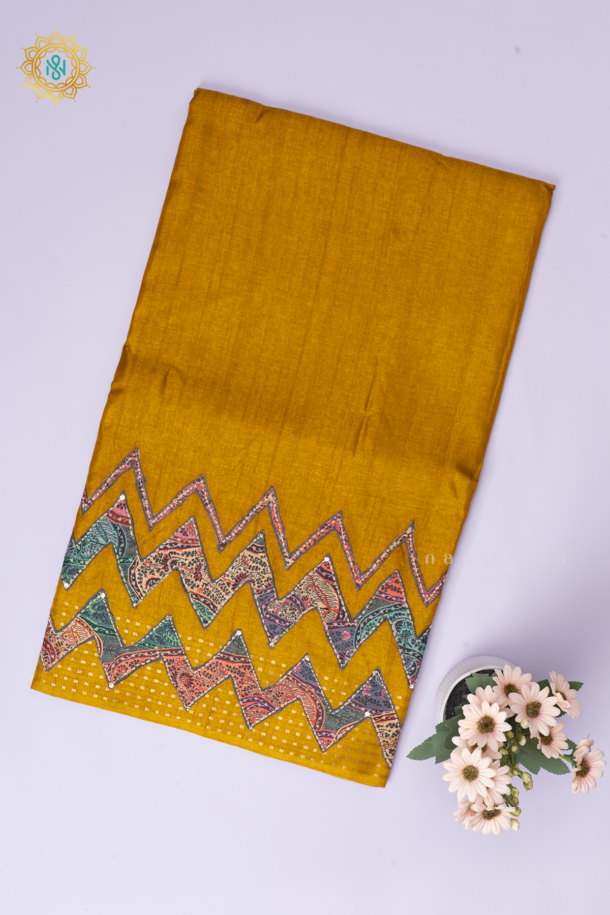 Yellow Semi Tussar Silk With Applique & Katha Work Saree