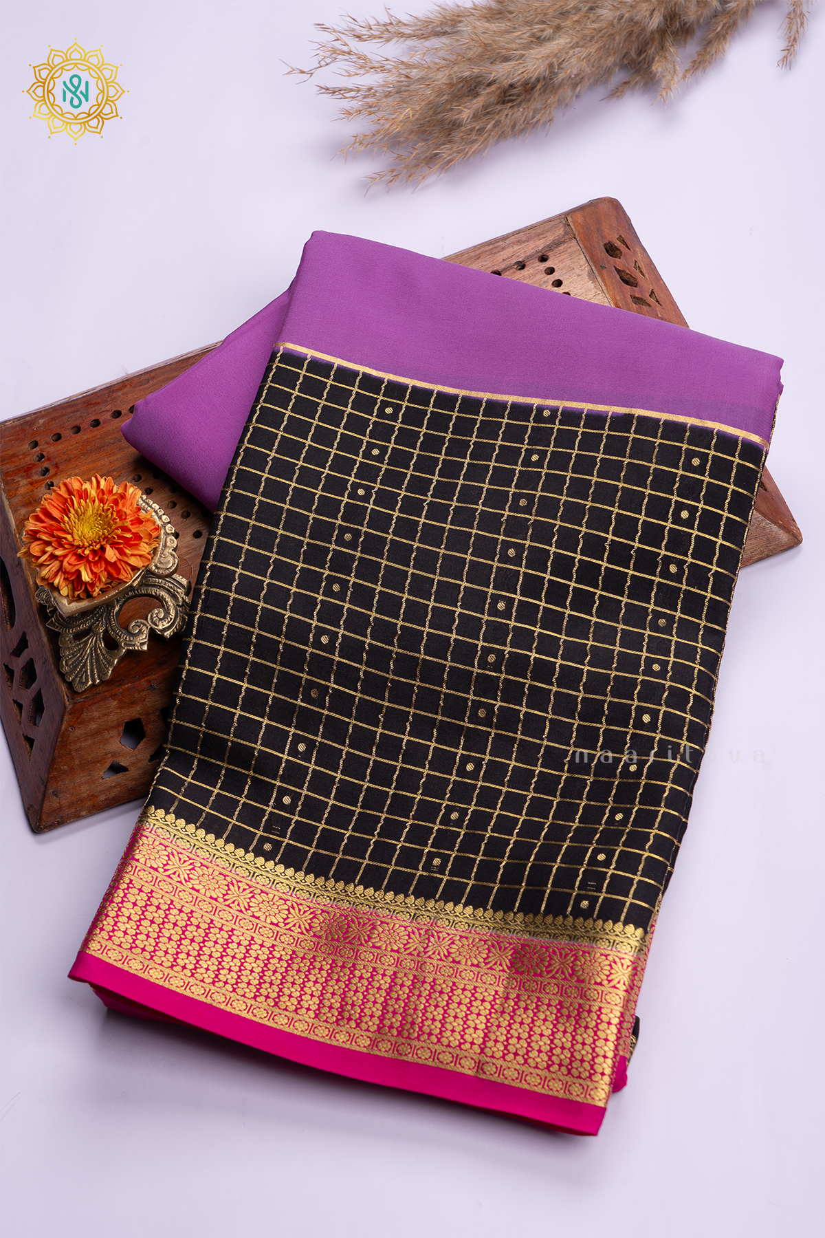 LAVENDER WITH BLACK & PINK - PURE MYSORE CREPE SILK