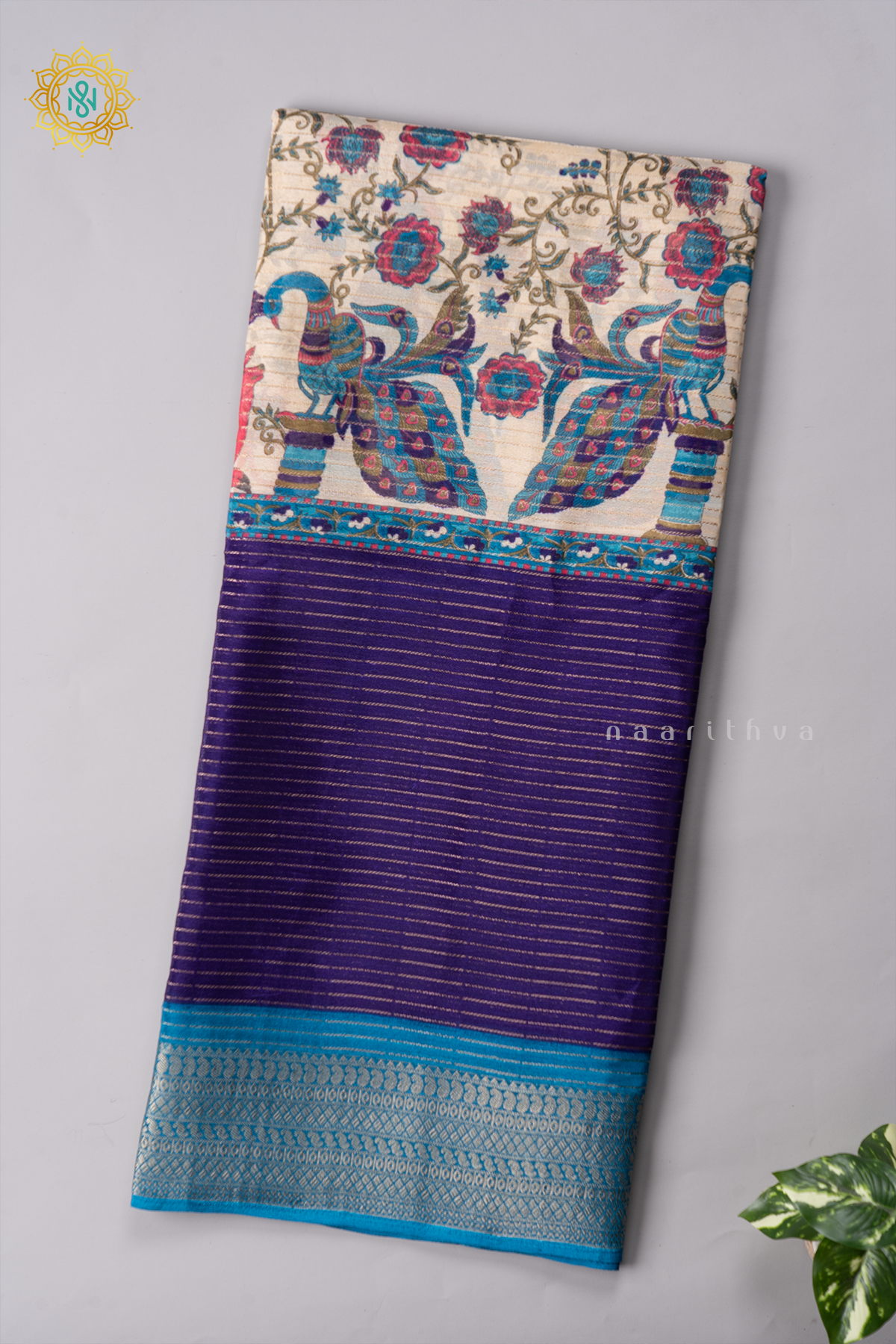 OFF WHITE WITH PURPLE & SKY BLUE - SEMI GEORGETTE