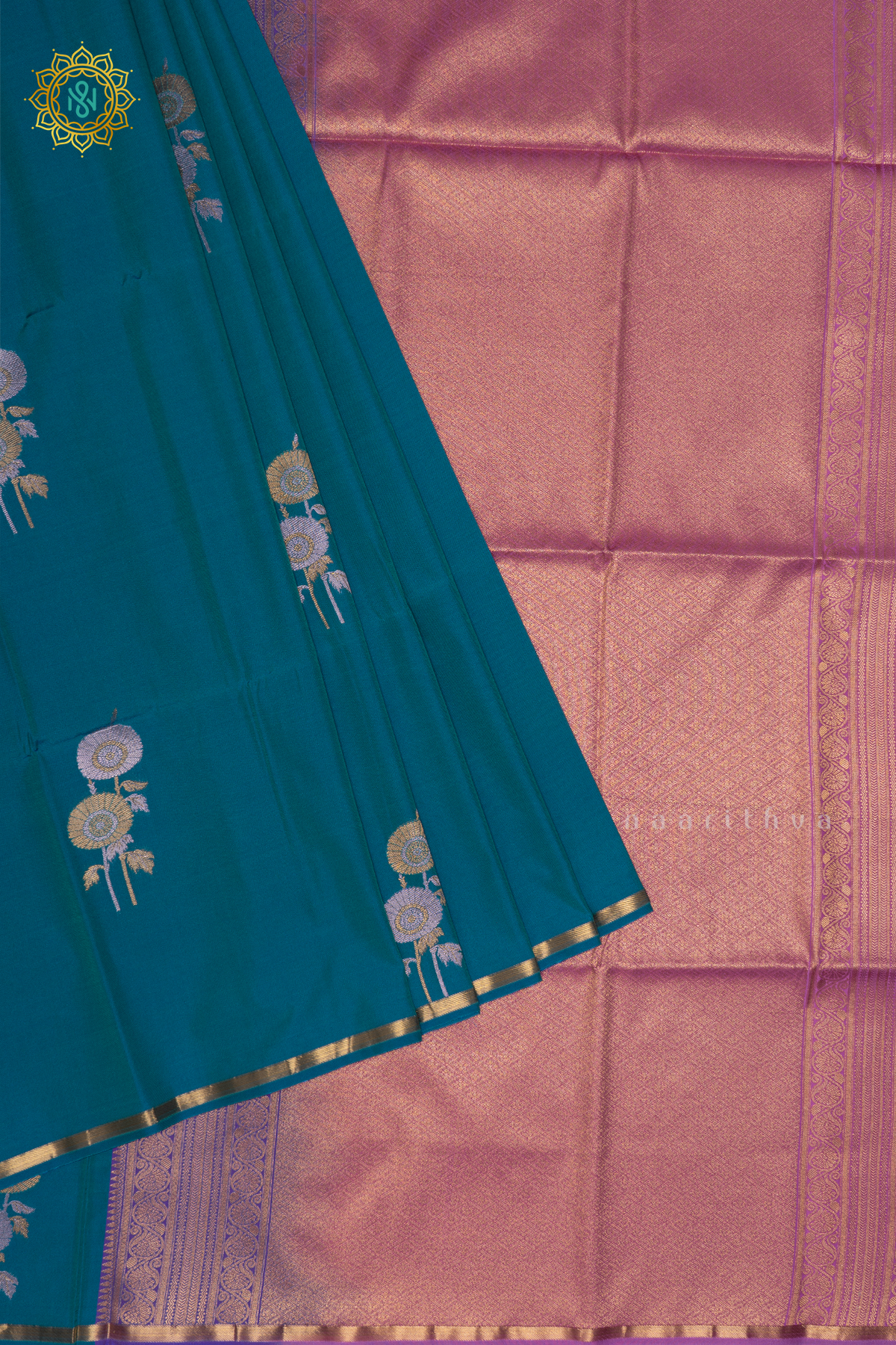 DUAL SHADE OF BLUE WITH LAVENDER - SEMI  SOFT SILK SAREE ALLOVER ZARI BUTTAS AND CONTRAST GAP BORDER