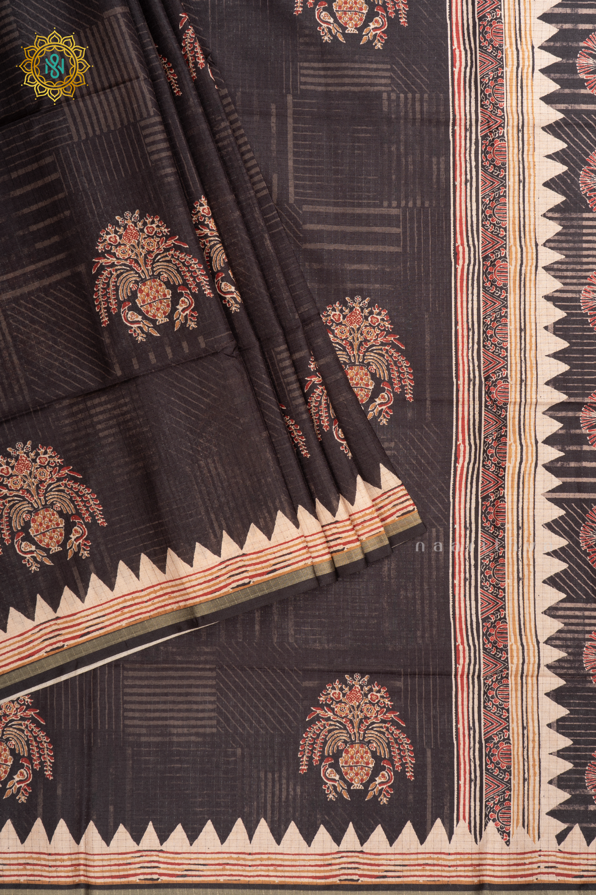 BLACK WITH OFF WHITE - SEMI TUSSAR SILK