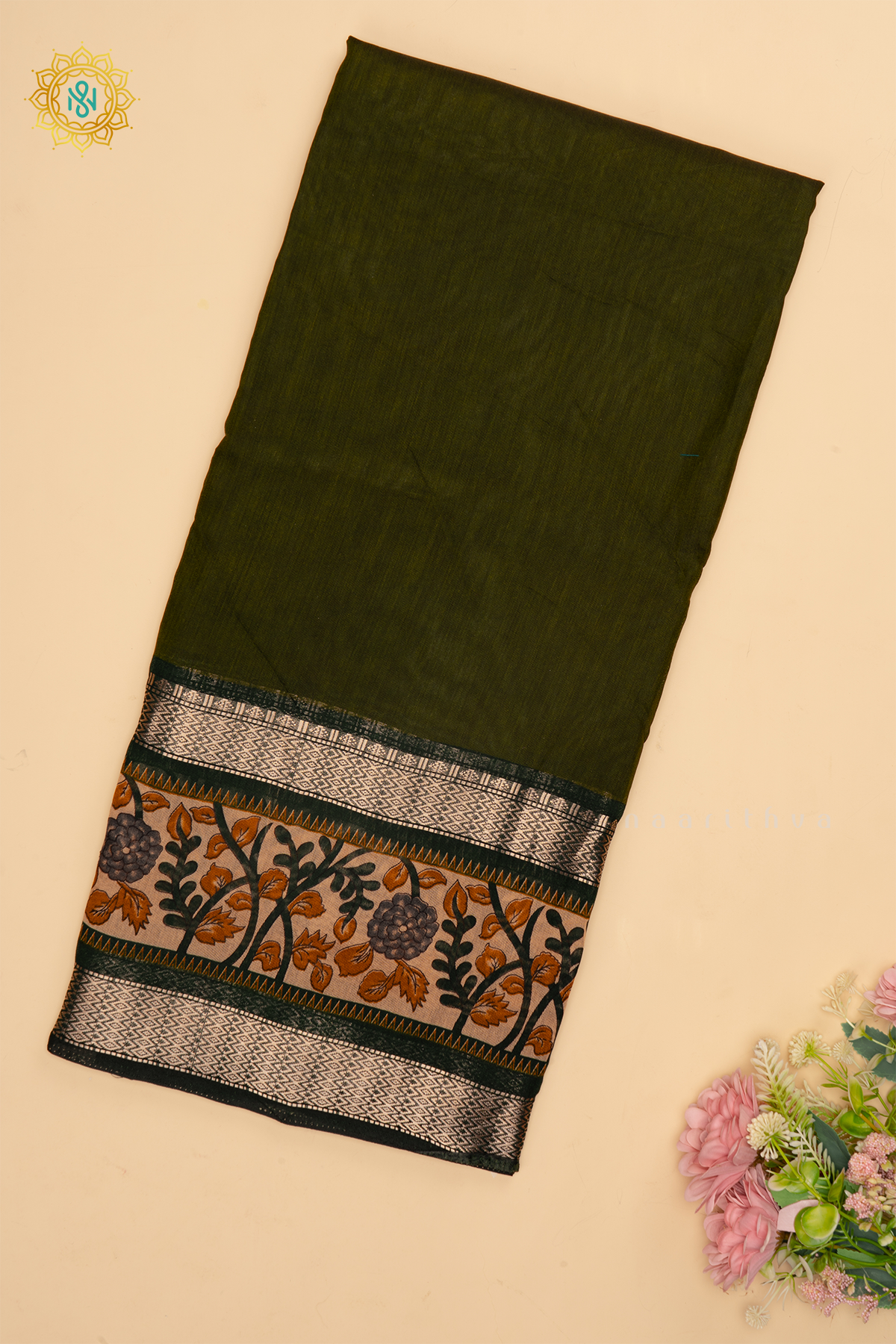 GREEN - SOFT COTTON SAREE PLAIN BODY WITH KALAMKARI PRINTED ZARI BORDER