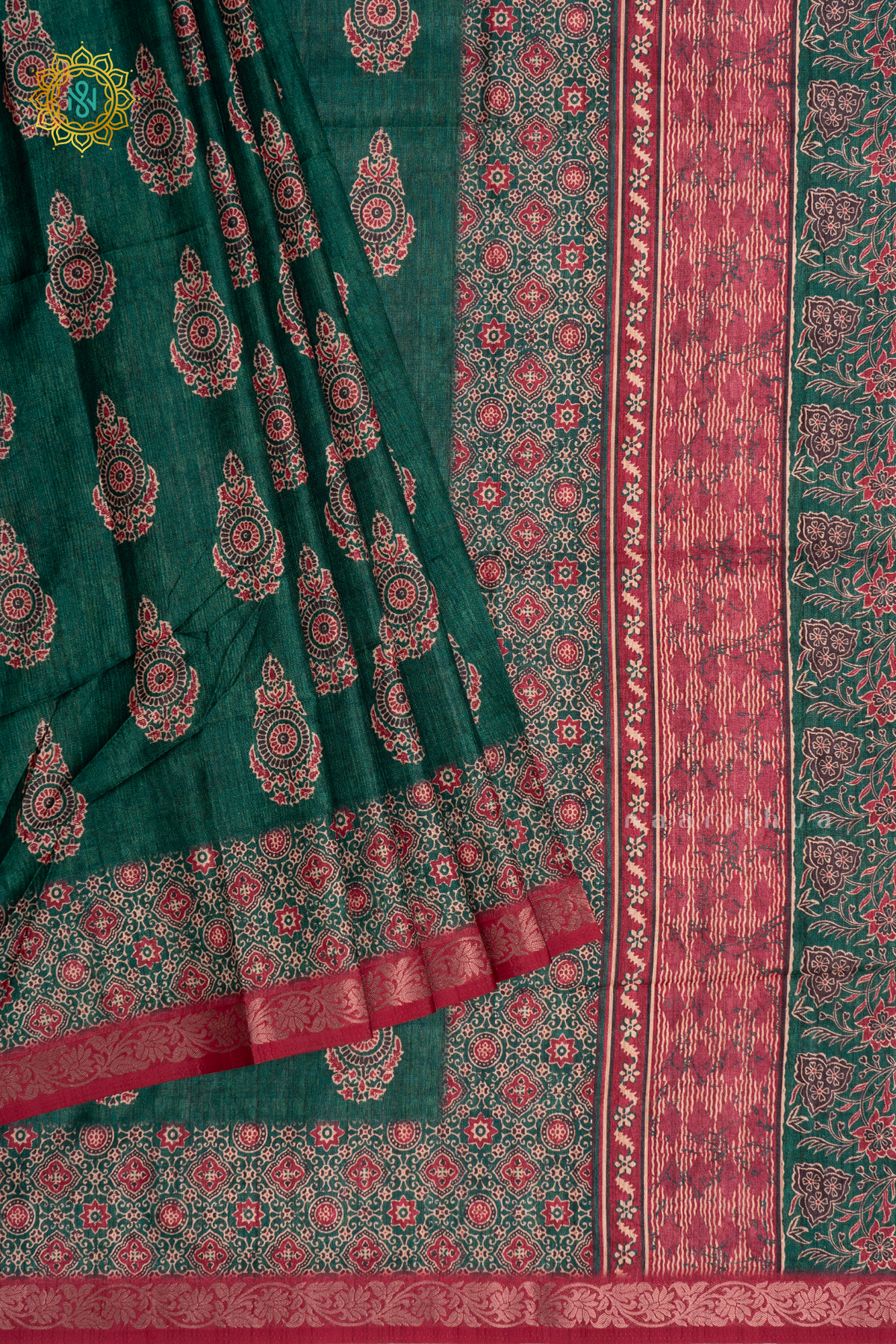 GREEN WITH PINK - SEMI TUSSAR SILK SAREE PRINTED BODY WITH CONTRAST BORDER