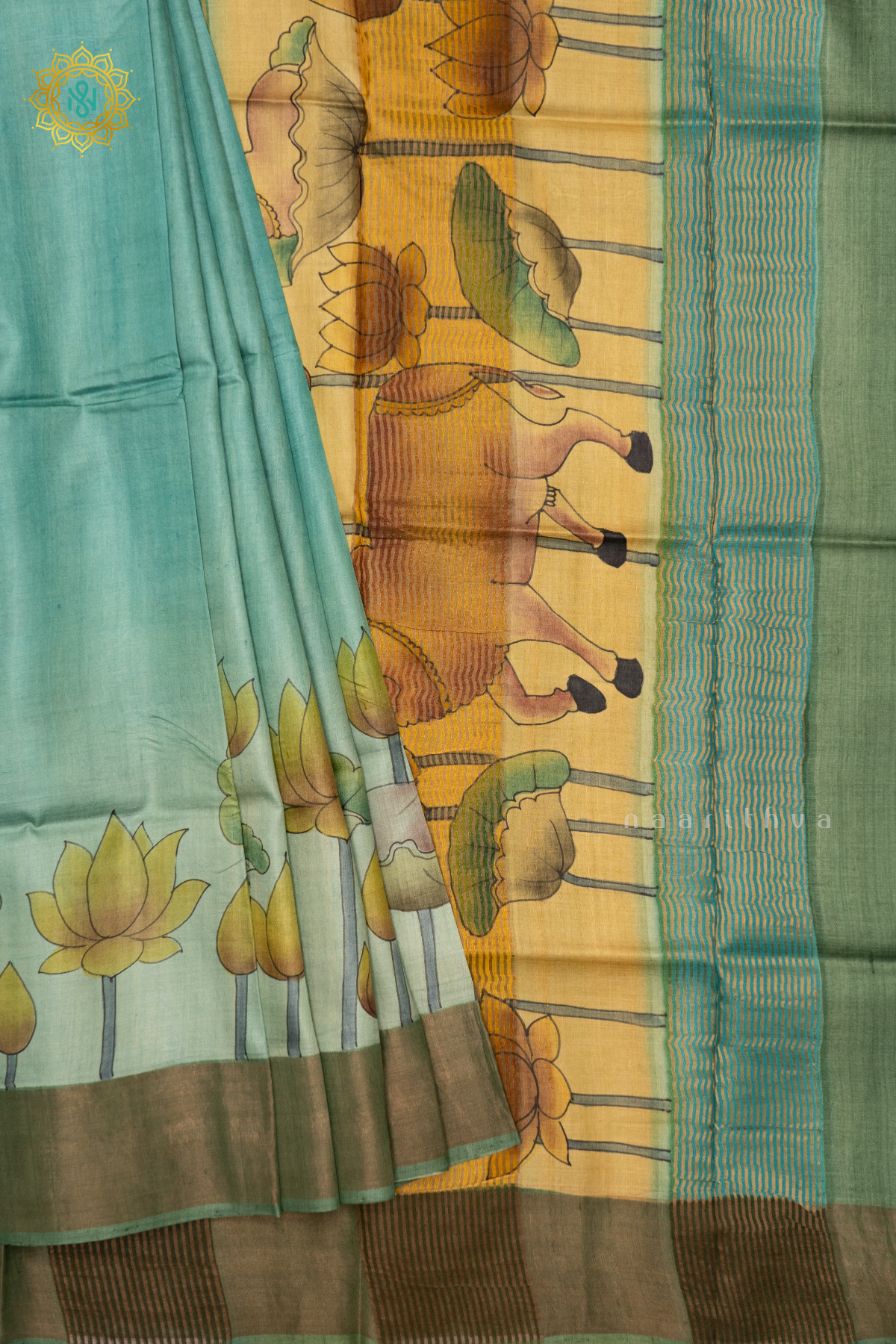 AQUA BLUE WITH PISTA GREEN - PURE TUSSAR SILK