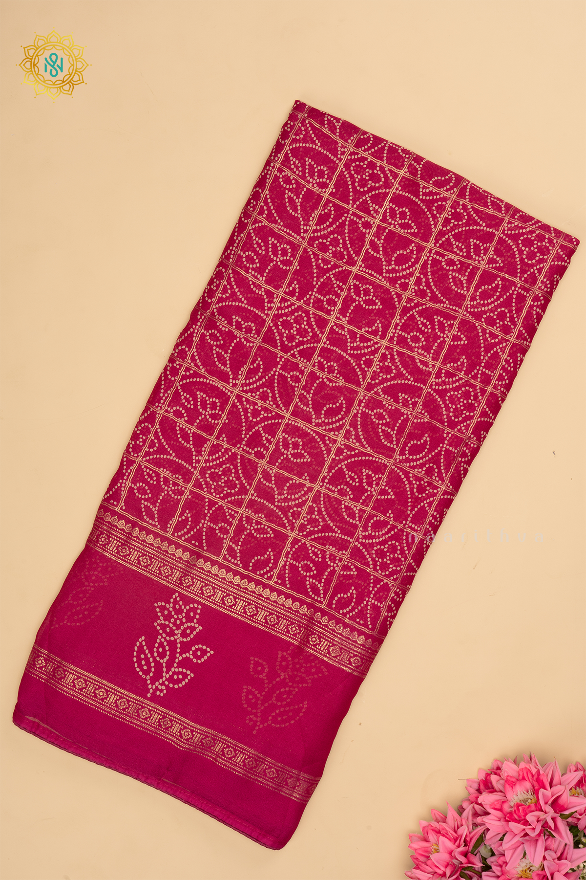 Pink Chiffon Georgette Saree Allover Printed Body And Zari Checks With Zari Gap Border