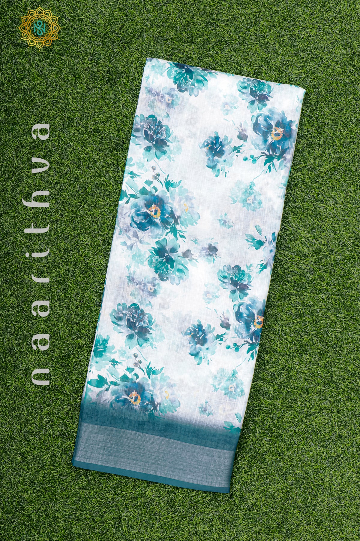 WHITE WITH AQUA GREEN - LINEN BY COTTON