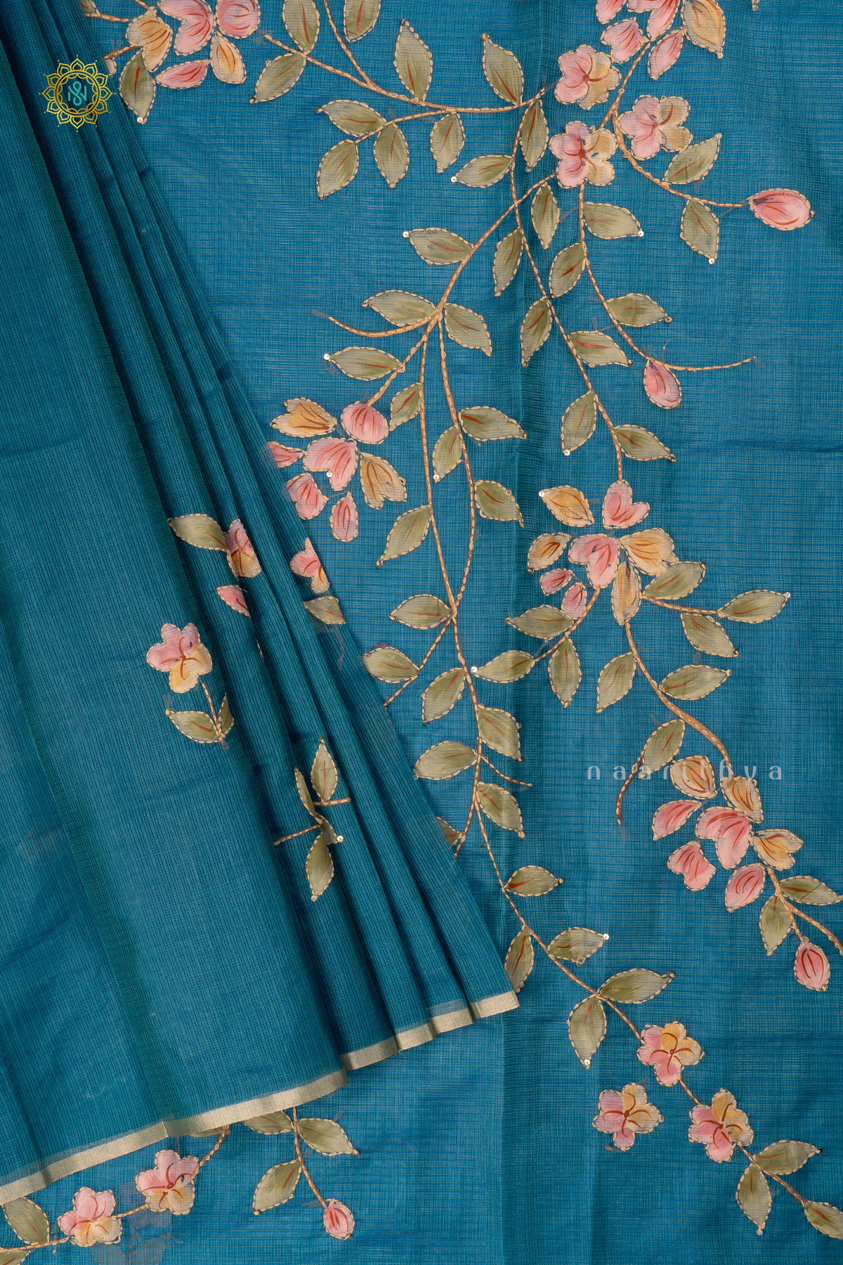 Blue Kota Organza With Hand-Painted And Katha Work On The Body