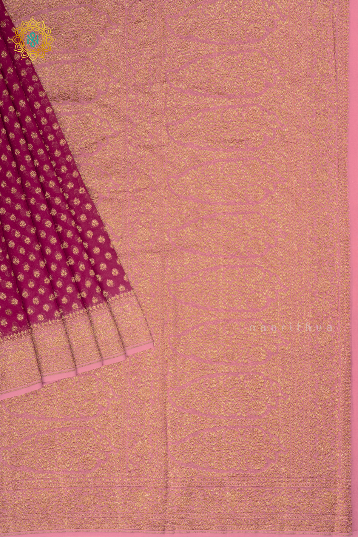 Rani Pink with Light Pink - Pure Banarasi Georgette Saree Allover Zari Buttas with Contrast Zari border