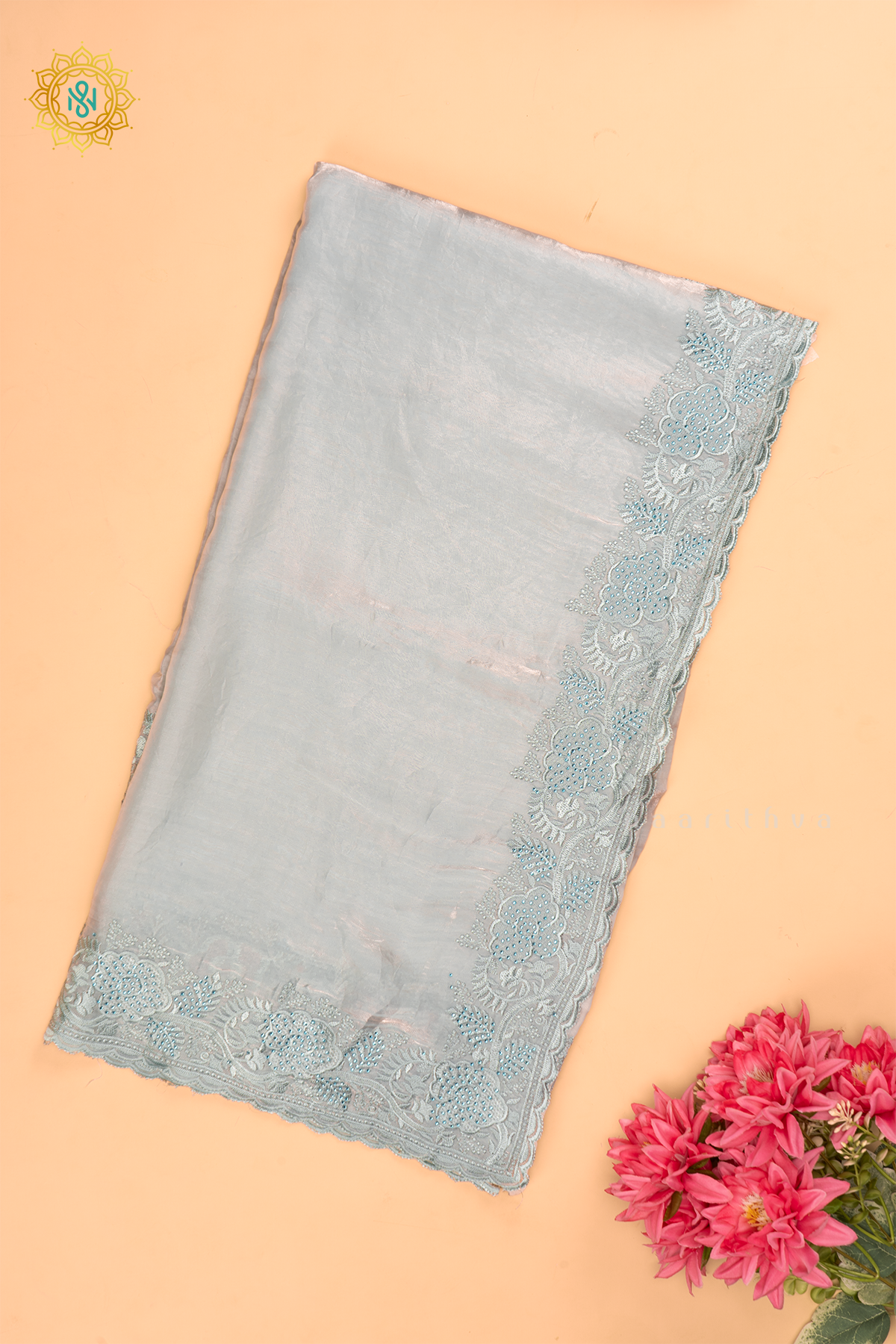 Light Blue - Tissue Organza Saree with Allover Plain Body with Thread Work and Stone work border