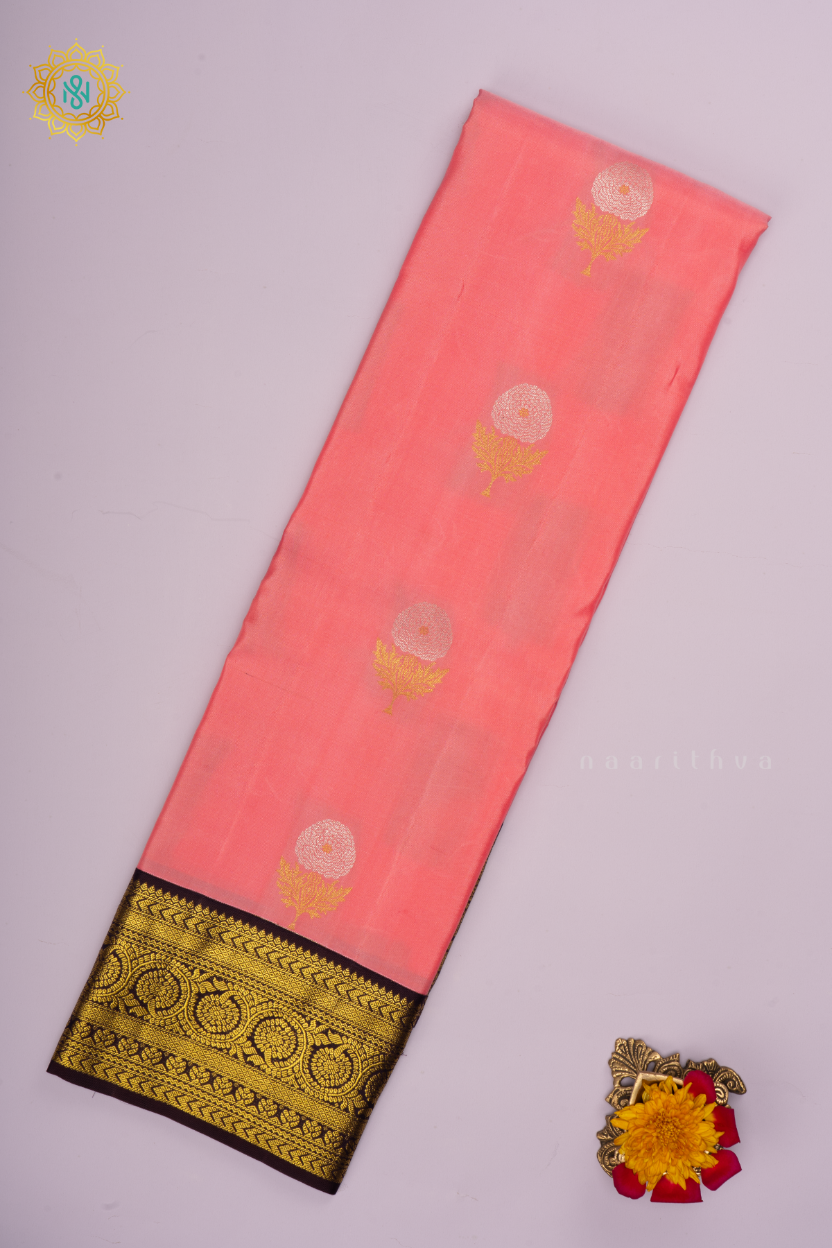 PEACHISH PINK WITH DEEP WINE - PURE KANJIVARAM SILK